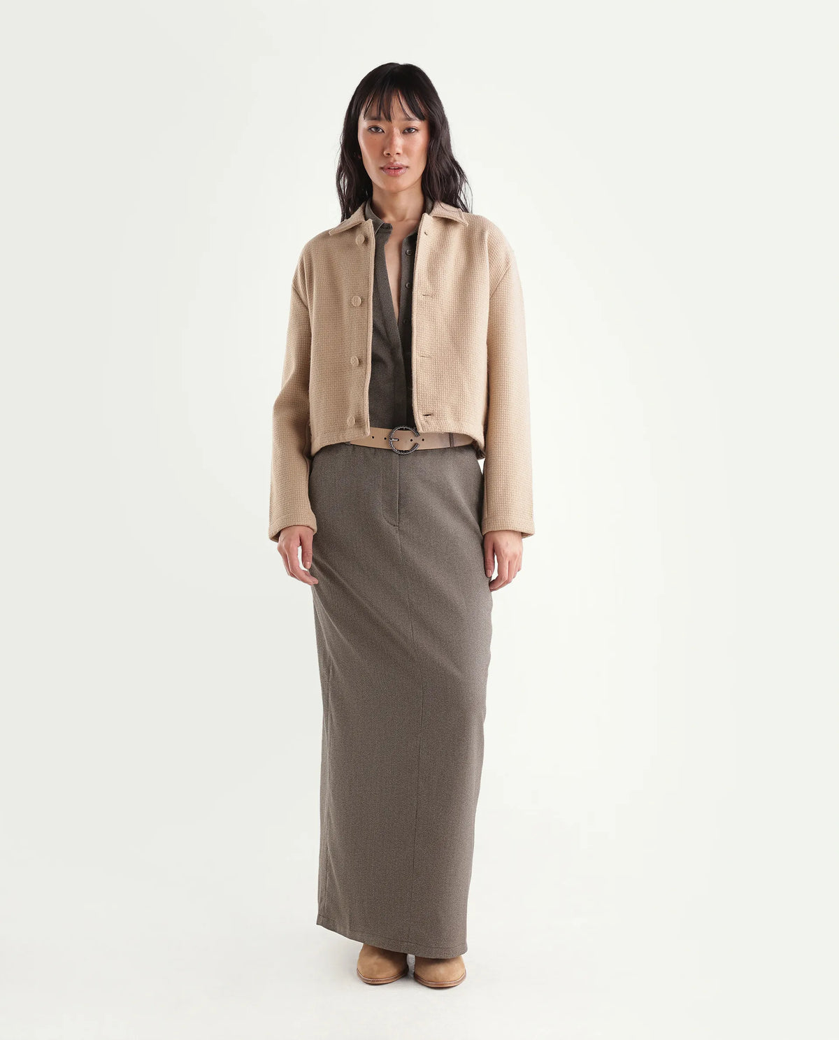 Rareism Women's Yuvia-B Dusky Brown Polyester Blend Hook And Zipper Fitted Skirt