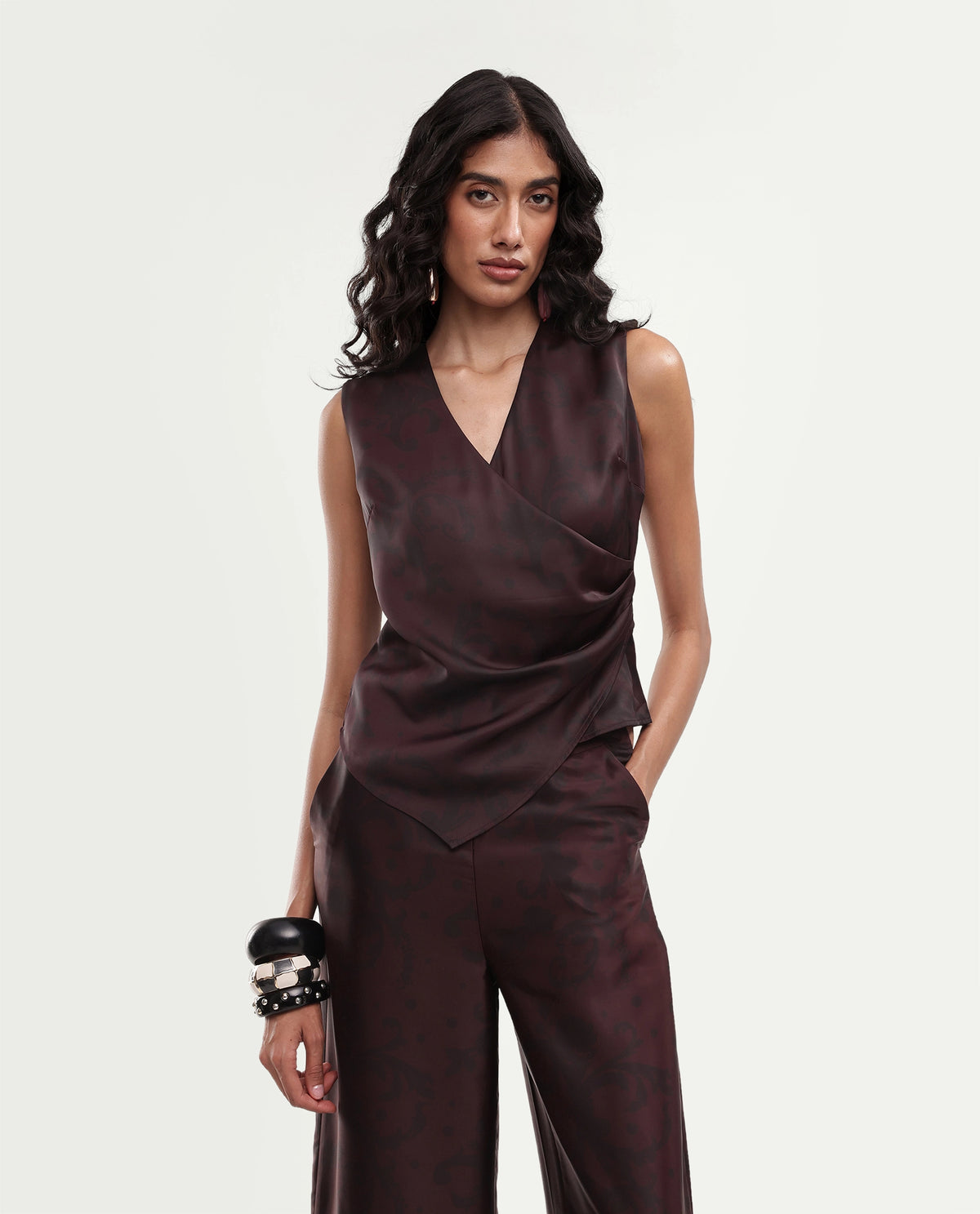 Rareism Women's Satox-T Dark Maroon Polyester Button And Zip Wrap Printed Top