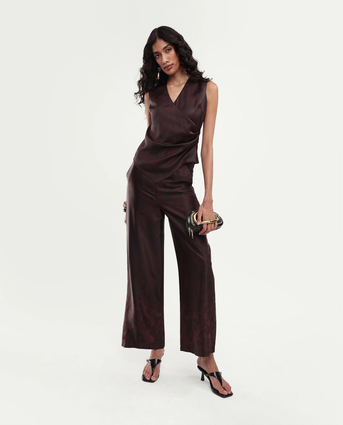 Rareism Women's Satox-T Dark Maroon Polyester Button And Zip Wrap Printed Top