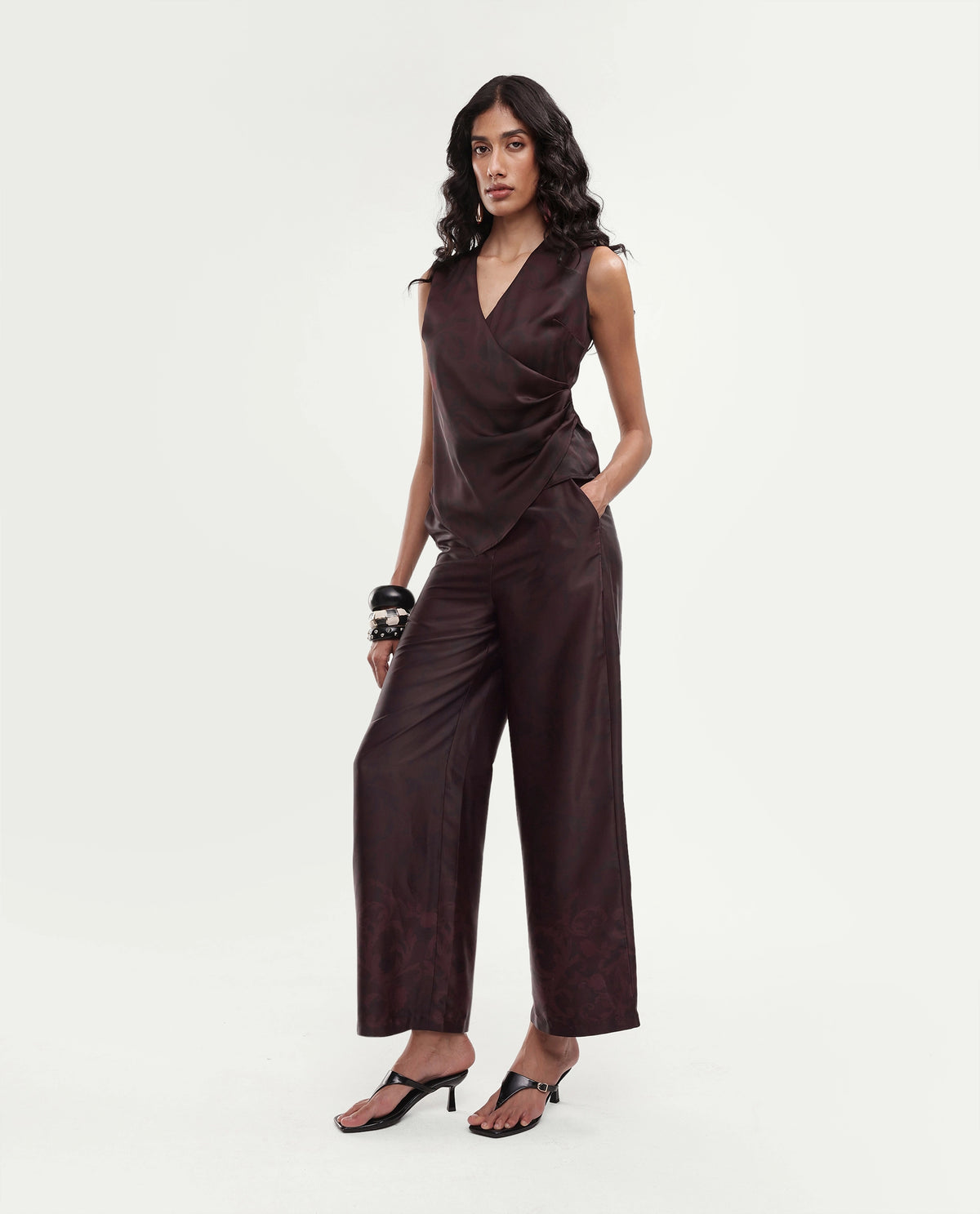 Rareism Women's Satox-B Dark Maroon Polyester Button And Zip Wide Printed Trouser