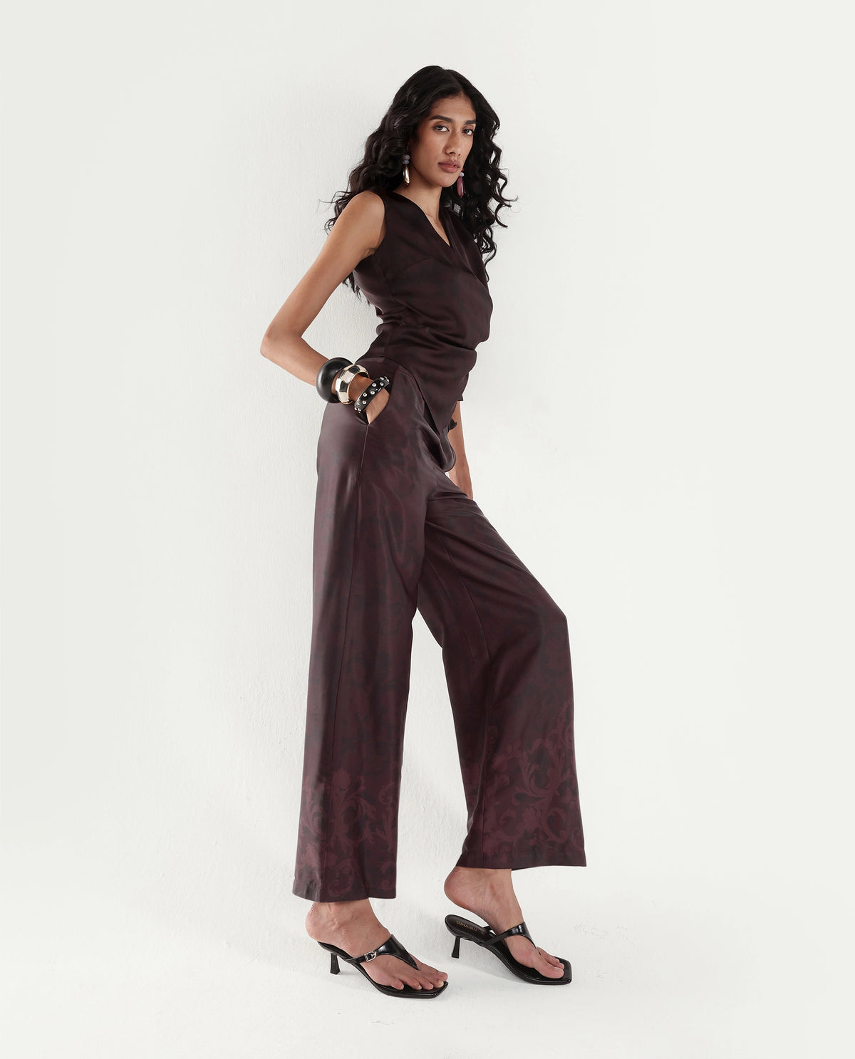 Rareism Women's Satox-B Dark Maroon Polyester Button And Zip Wide Printed Trouser