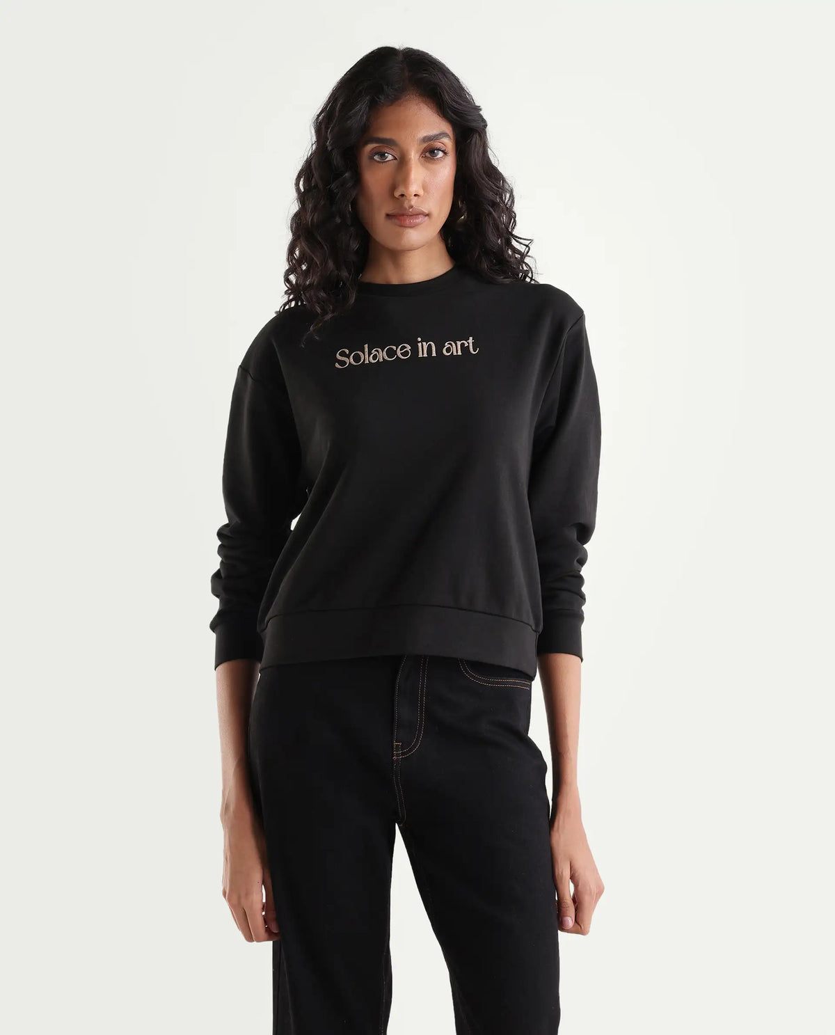 Rareism Women's Prow Black Cotton Blend Relaxed Fit Typography Print Sweatshirt