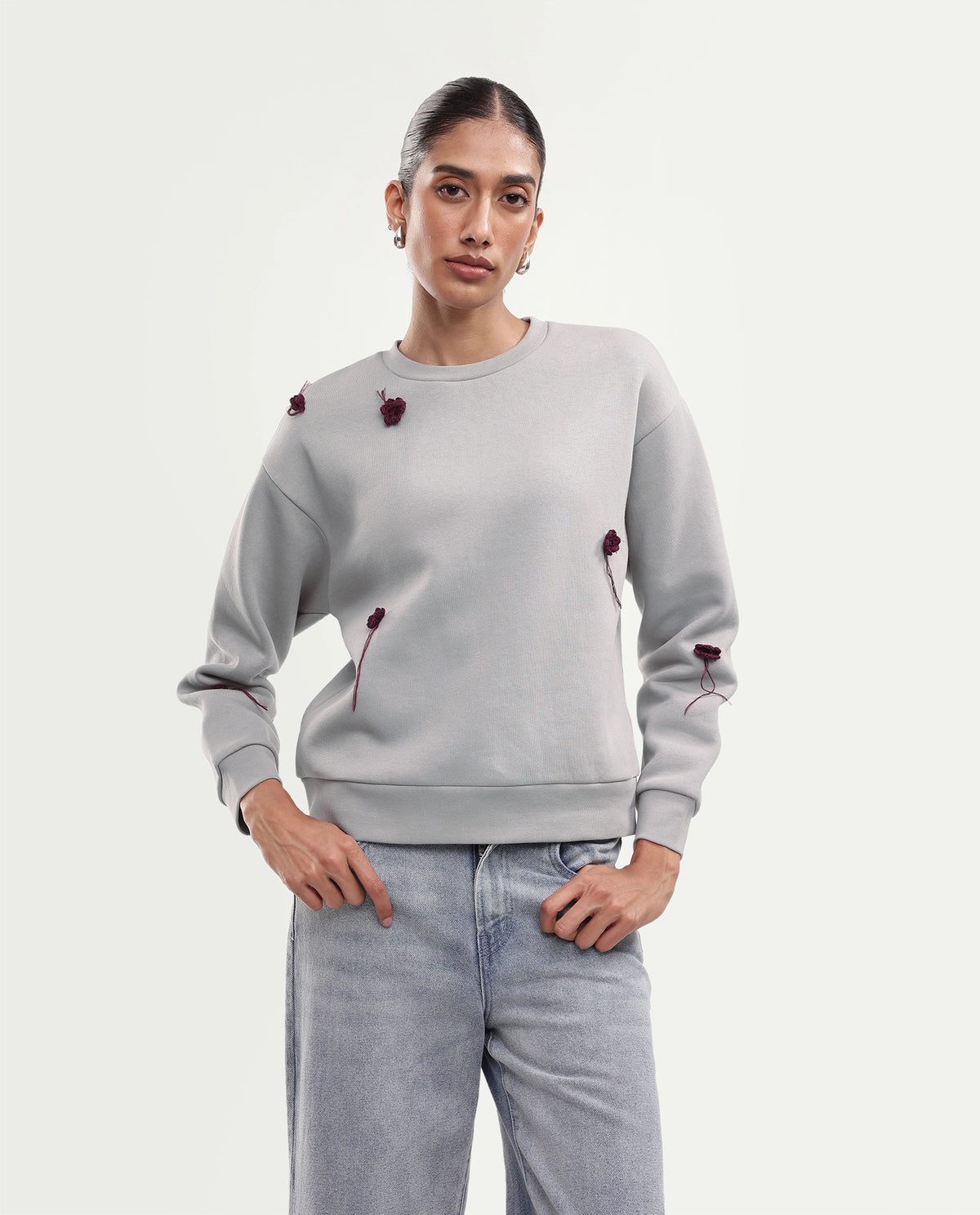 Rareism Women's Piano Light Grey Cotton Blend Pull-On Relaxed Fit Floral Print Sweatshirt