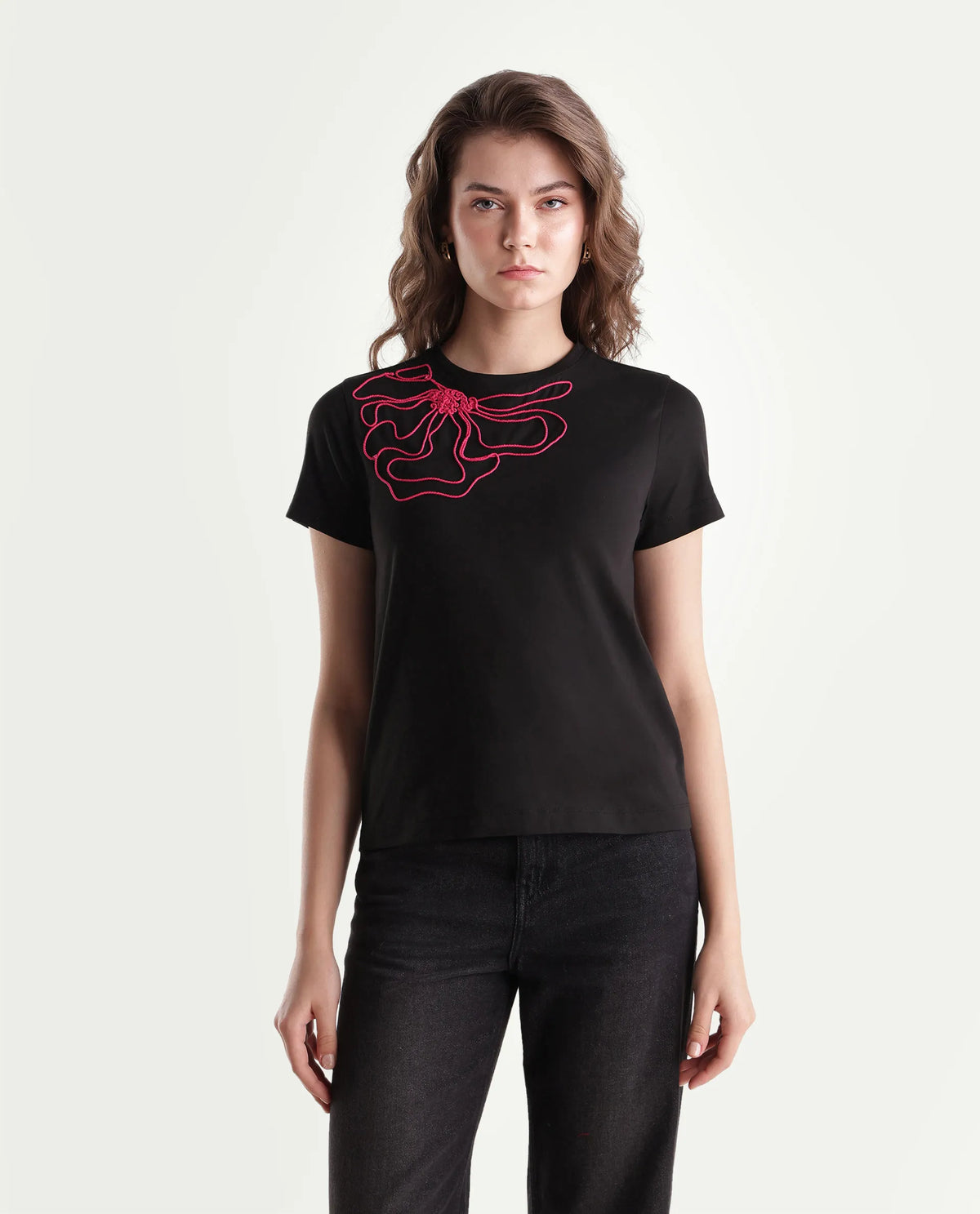 Rareism Women's Pordd Black Cotton Blend Pull-On Regular Fit T-Shirt