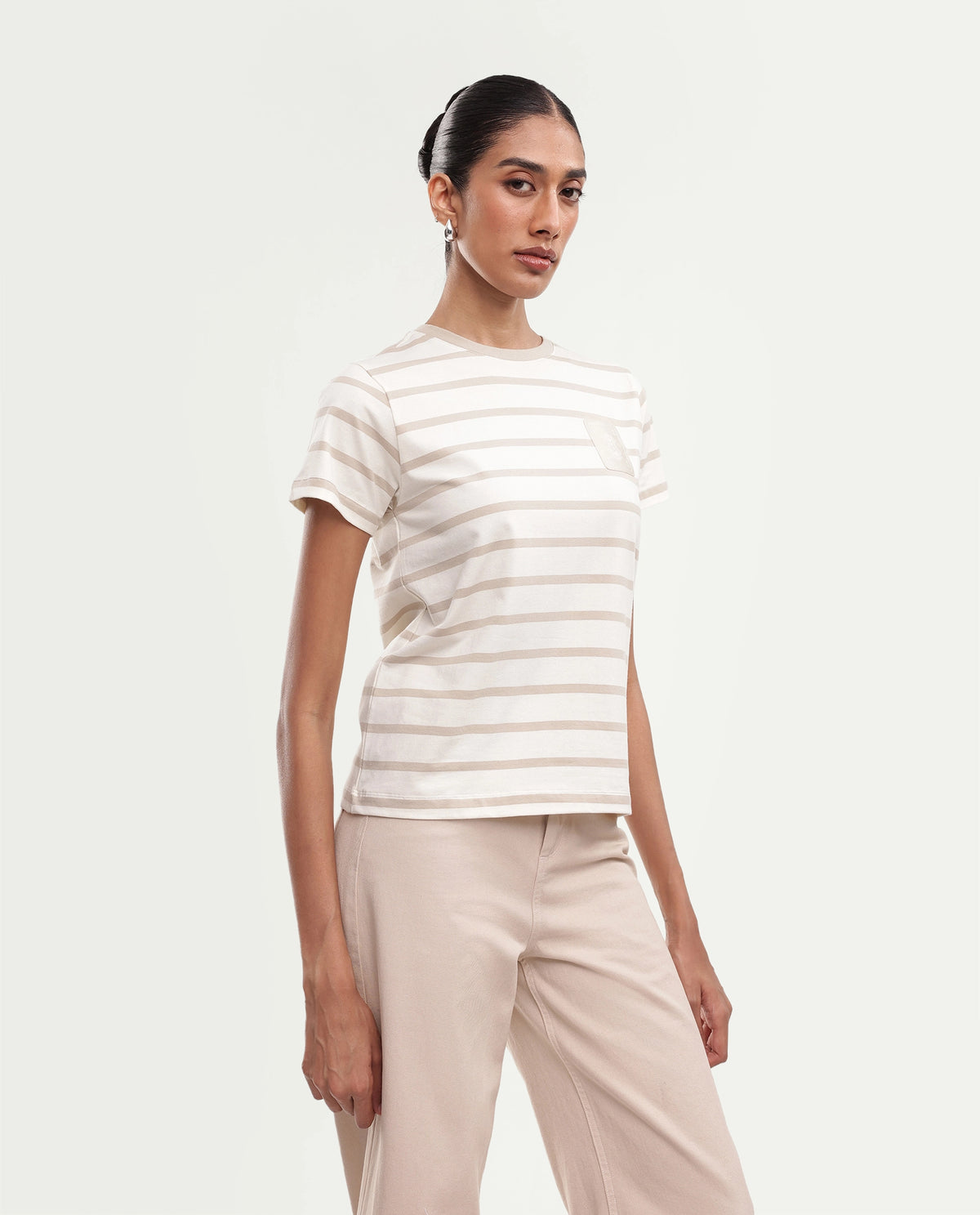 Rareism Women's Pos Light Beige Cotton Blend Pull-On Regular Fit T-Shirt