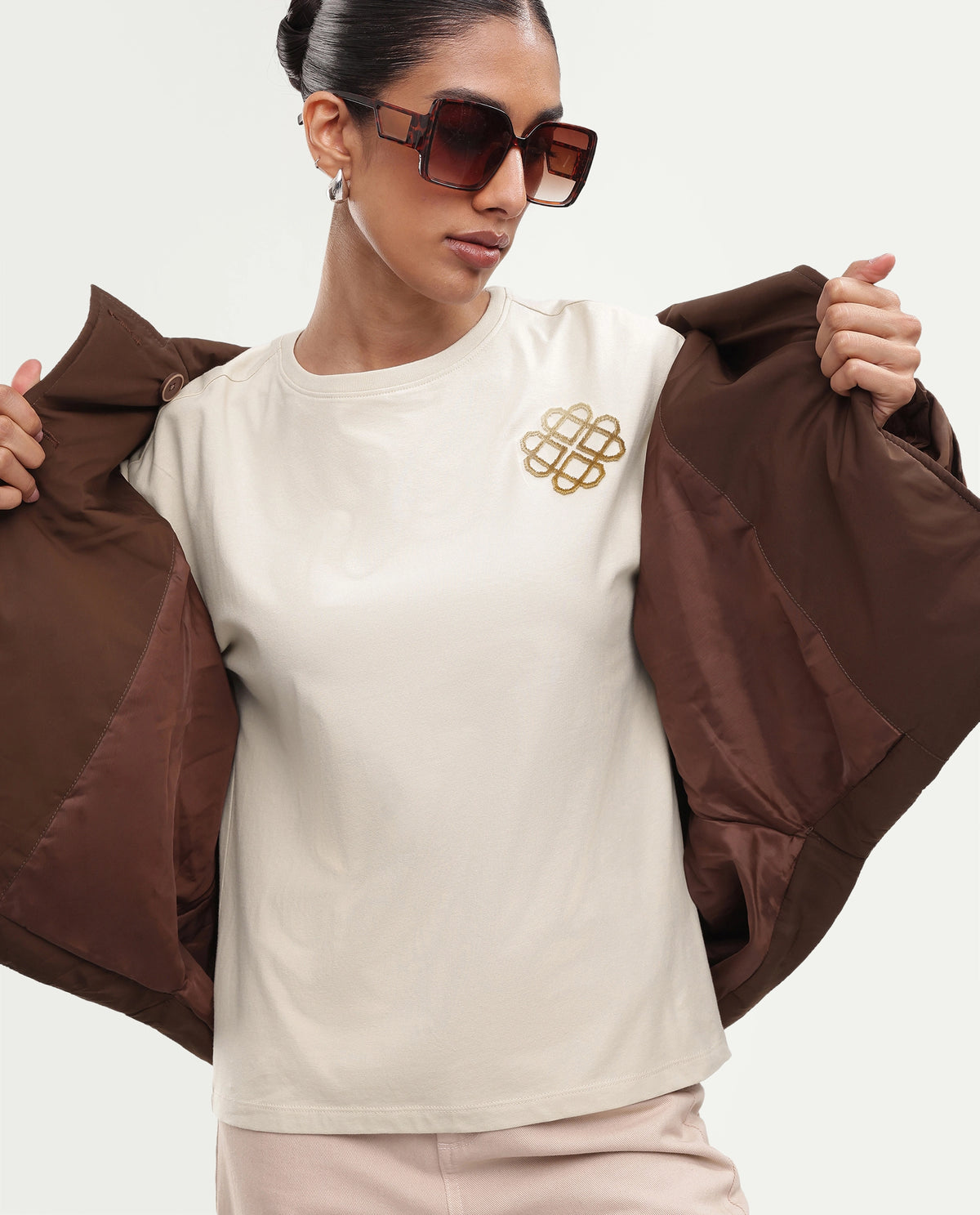 Rareism Women's Piku Light Beige Cotton Blend Pull-On Relaxed Fit Embroidered T-Shirt