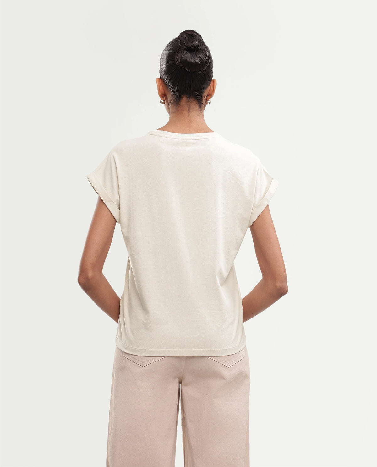 Rareism Women's Piku Light Beige Cotton Blend Pull-On Relaxed Fit Embroidered T-Shirt
