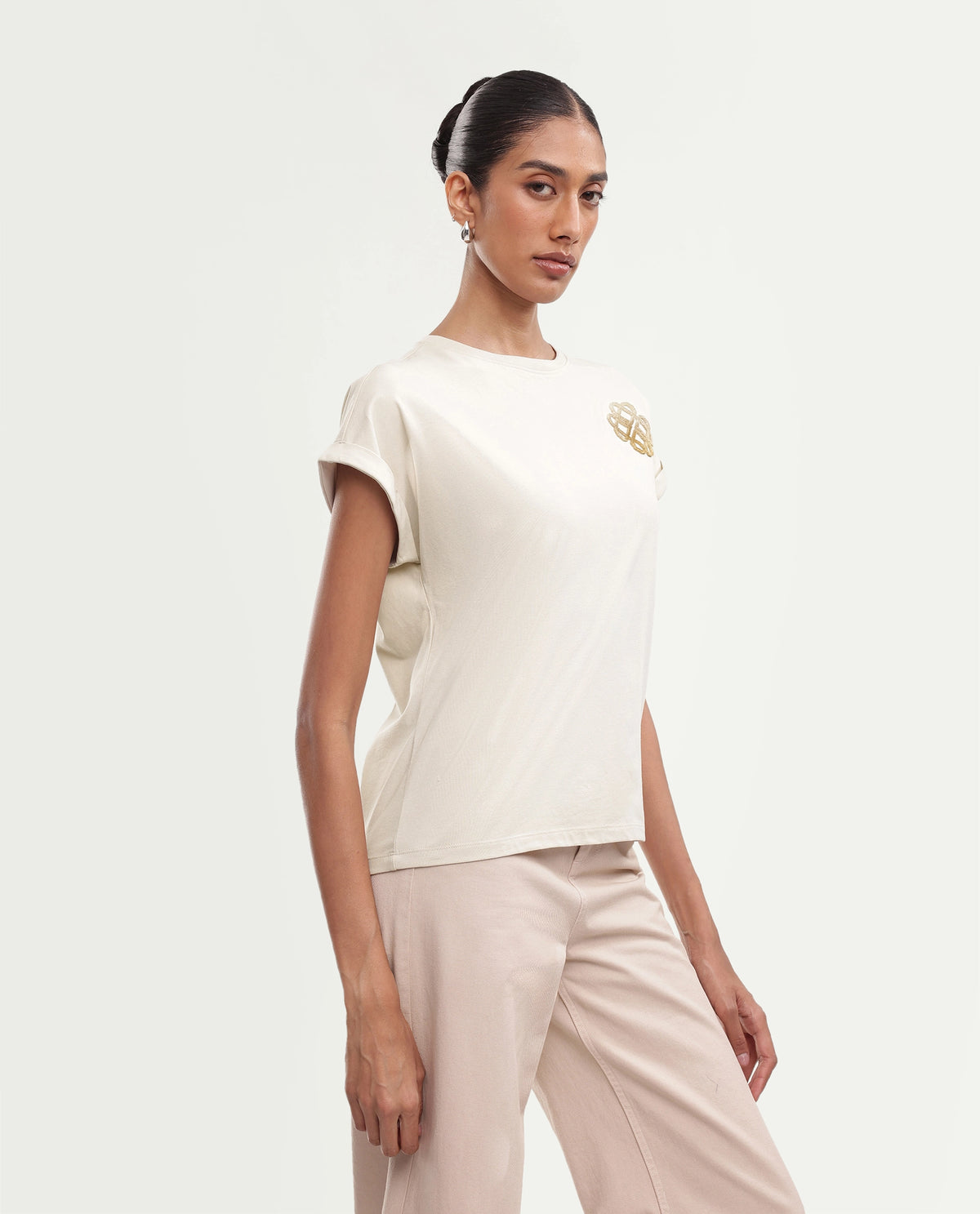Rareism Women's Piku Light Beige Cotton Blend Pull-On Relaxed Fit Embroidered T-Shirt