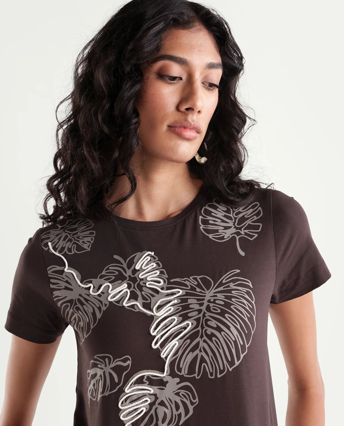 Rareism Women's Pepper Dark Brown Cotton Blend Pull-On Regular Fit Printed T-Shirt