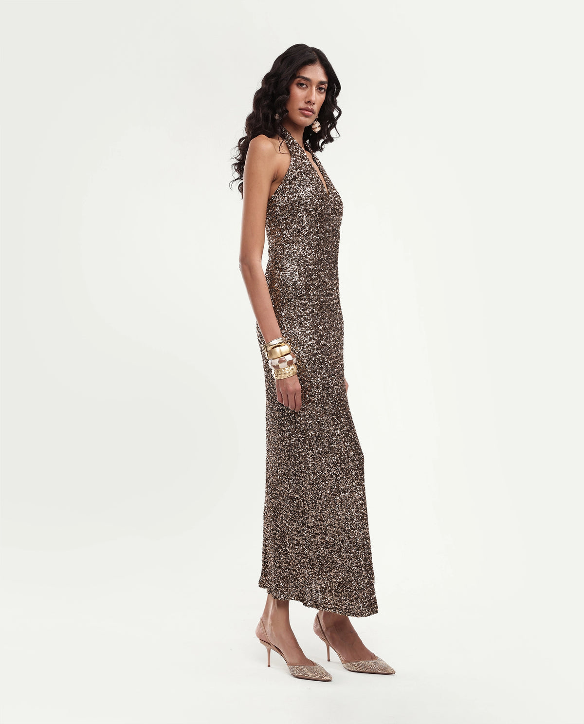 Rareism Women's Piquin Metalic Brown Polyester Button Bodycon Dress