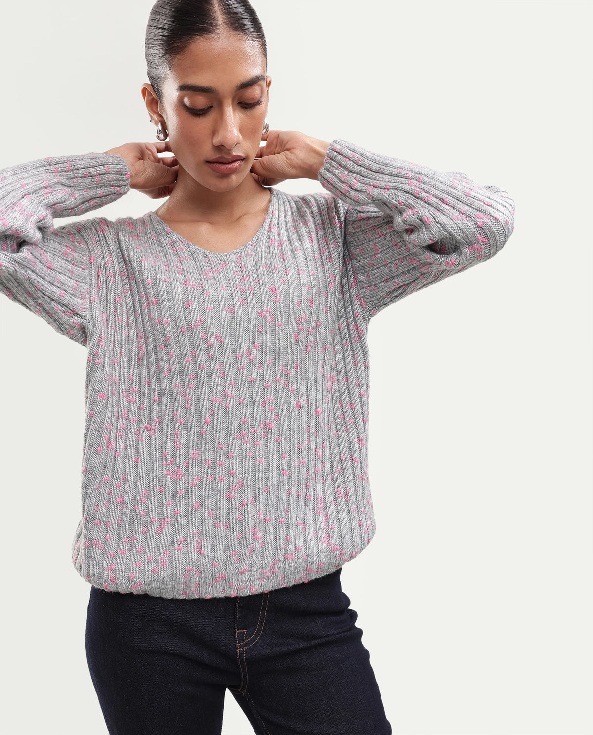 Rareism Women's Luffy Light Grey Polyester Blend V-Neck Relaxed Polka Print Sweater