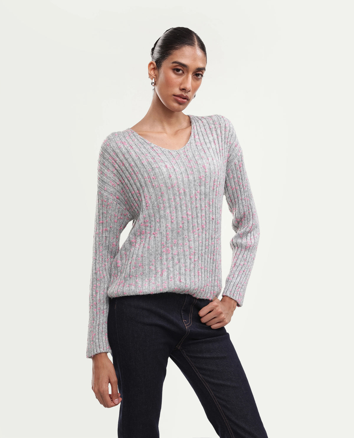 Rareism Women's Luffy Light Grey Polyester Blend V-Neck Relaxed Polka Print Sweater