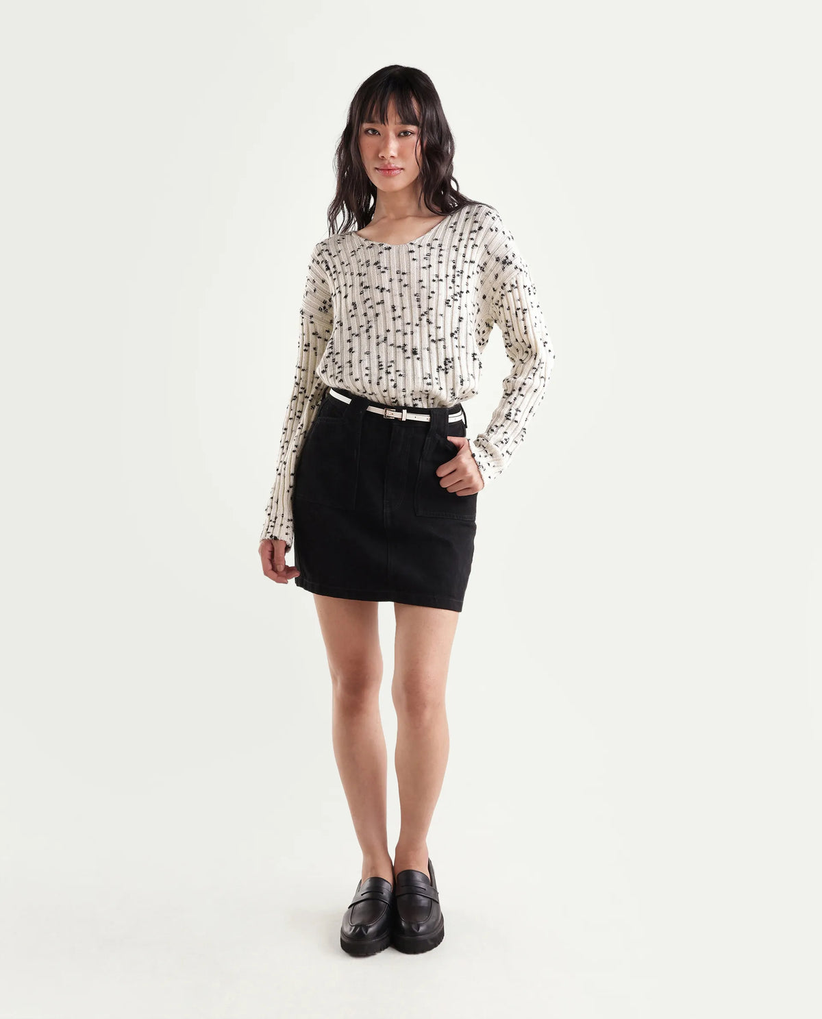 Rareism Women's Luffy Off White Polyester Blend V-Neck Relaxed Polka Print Sweater
