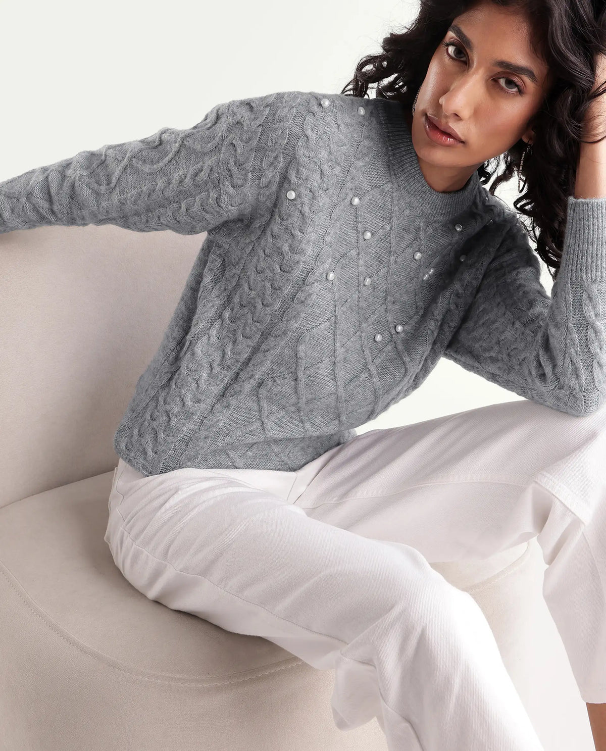 Rareism Women's Lallen Dark Grey Acrylic Blend Crew Neck Relaxed Plain Sweater