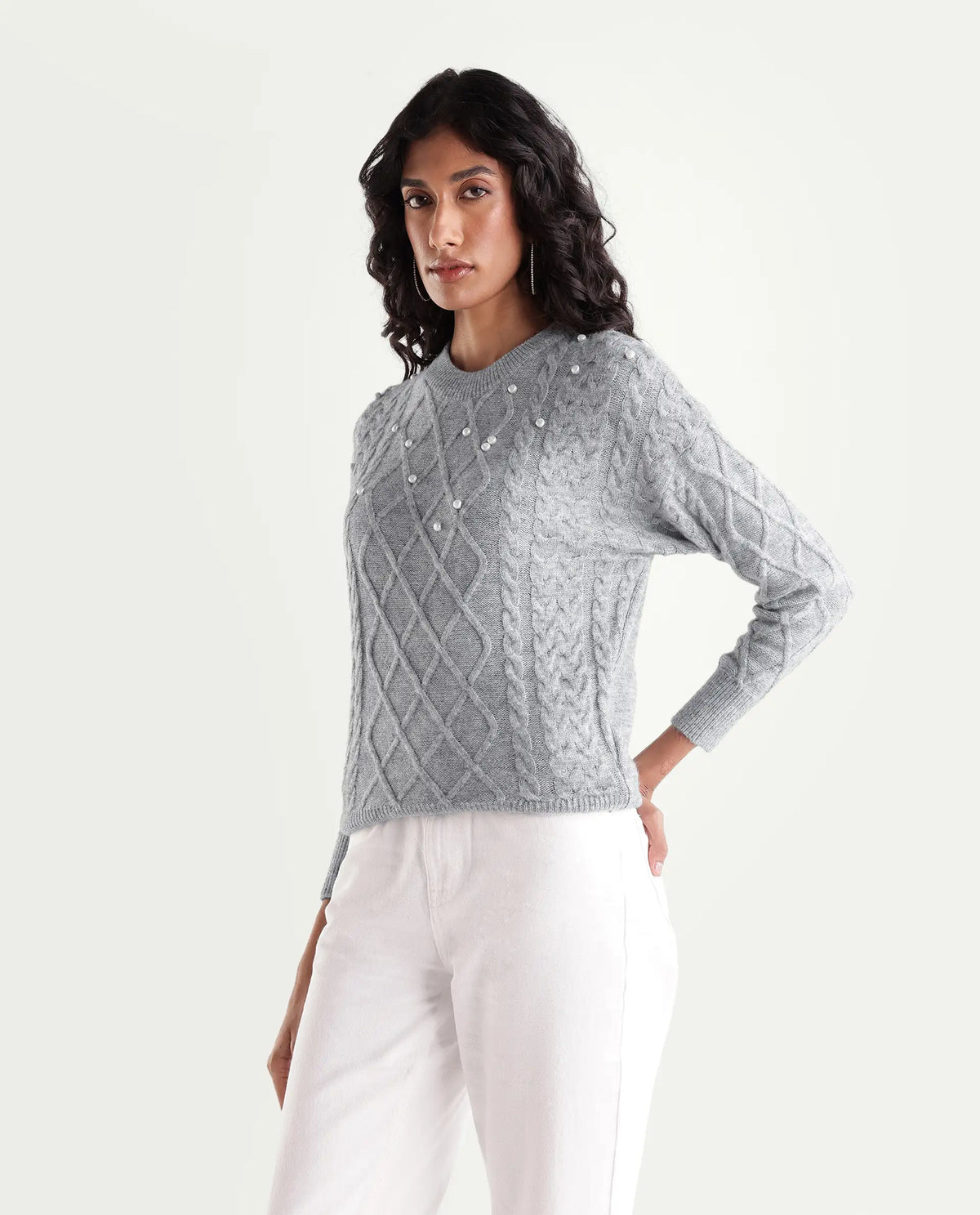Rareism Women's Lallen Dark Grey Acrylic Blend Crew Neck Relaxed Plain Sweater