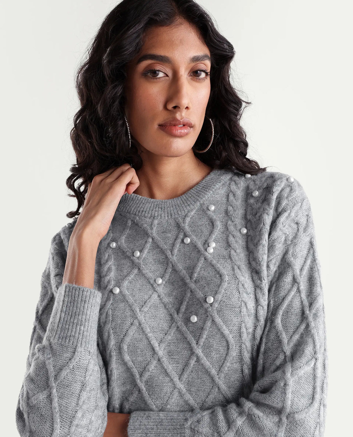 Rareism Women's Lallen Dark Grey Acrylic Blend Crew Neck Relaxed Plain Sweater
