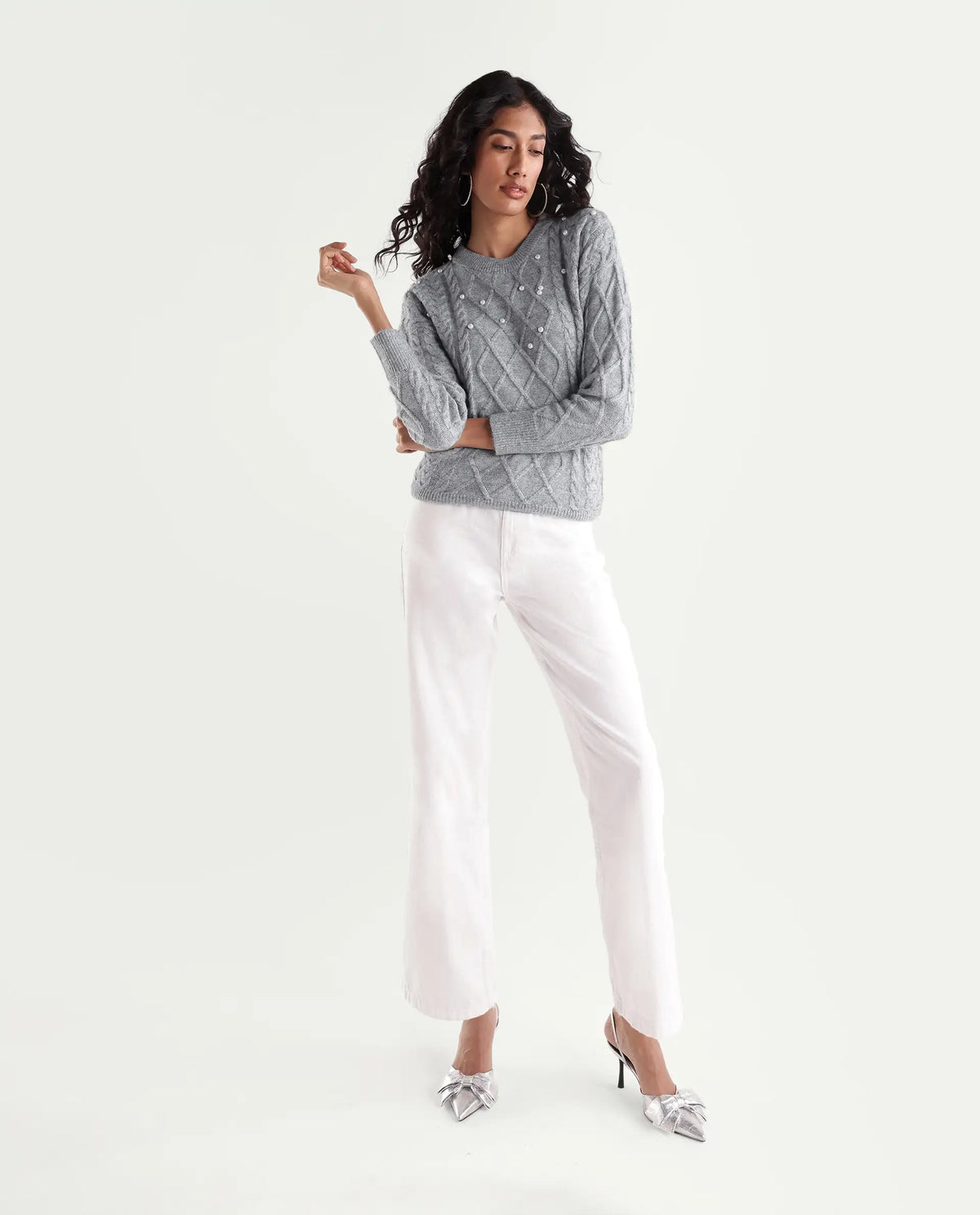 Rareism Women's Lallen Dark Grey Acrylic Blend Crew Neck Relaxed Plain Sweater