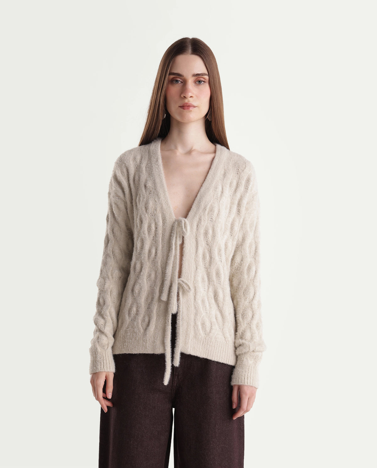 Rareism Women's Loile Off White Nylon Blend V-Neck Relaxed Plain Cardigan