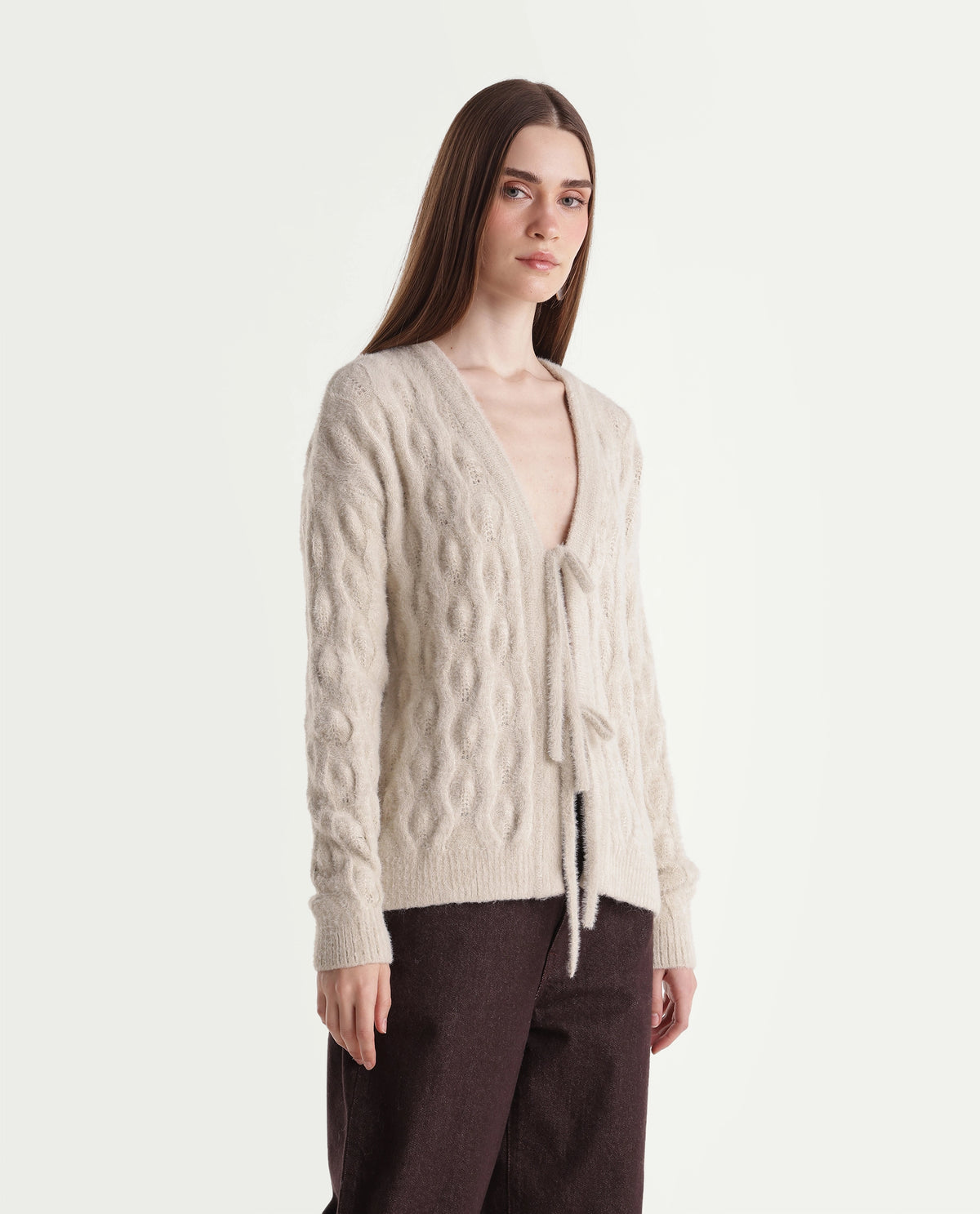 Rareism Women's Loile Off White Nylon Blend V-Neck Relaxed Plain Cardigan