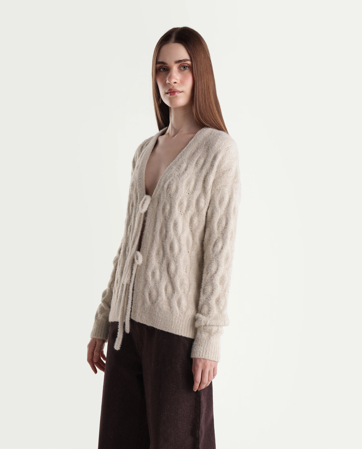 Rareism Women's Loile Off White Nylon Blend V-Neck Relaxed Plain Cardigan