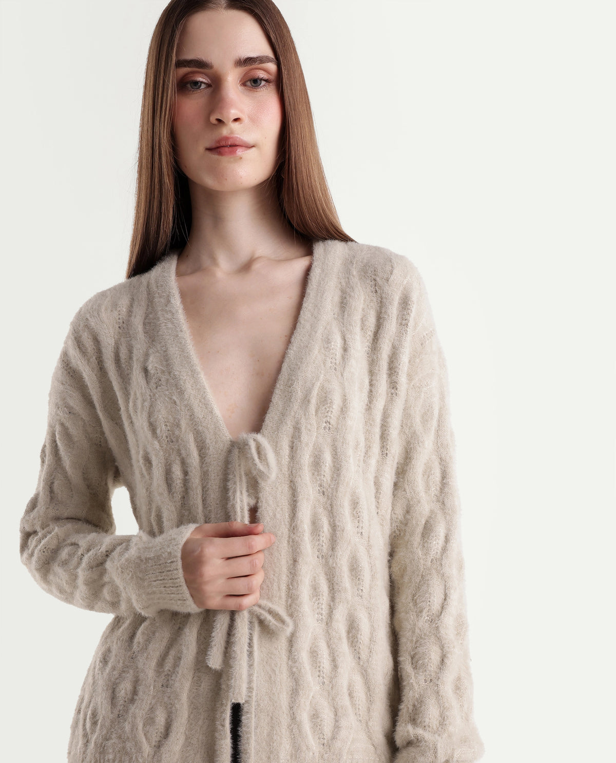 Rareism Women's Loile Off White Nylon Blend V-Neck Relaxed Plain Cardigan