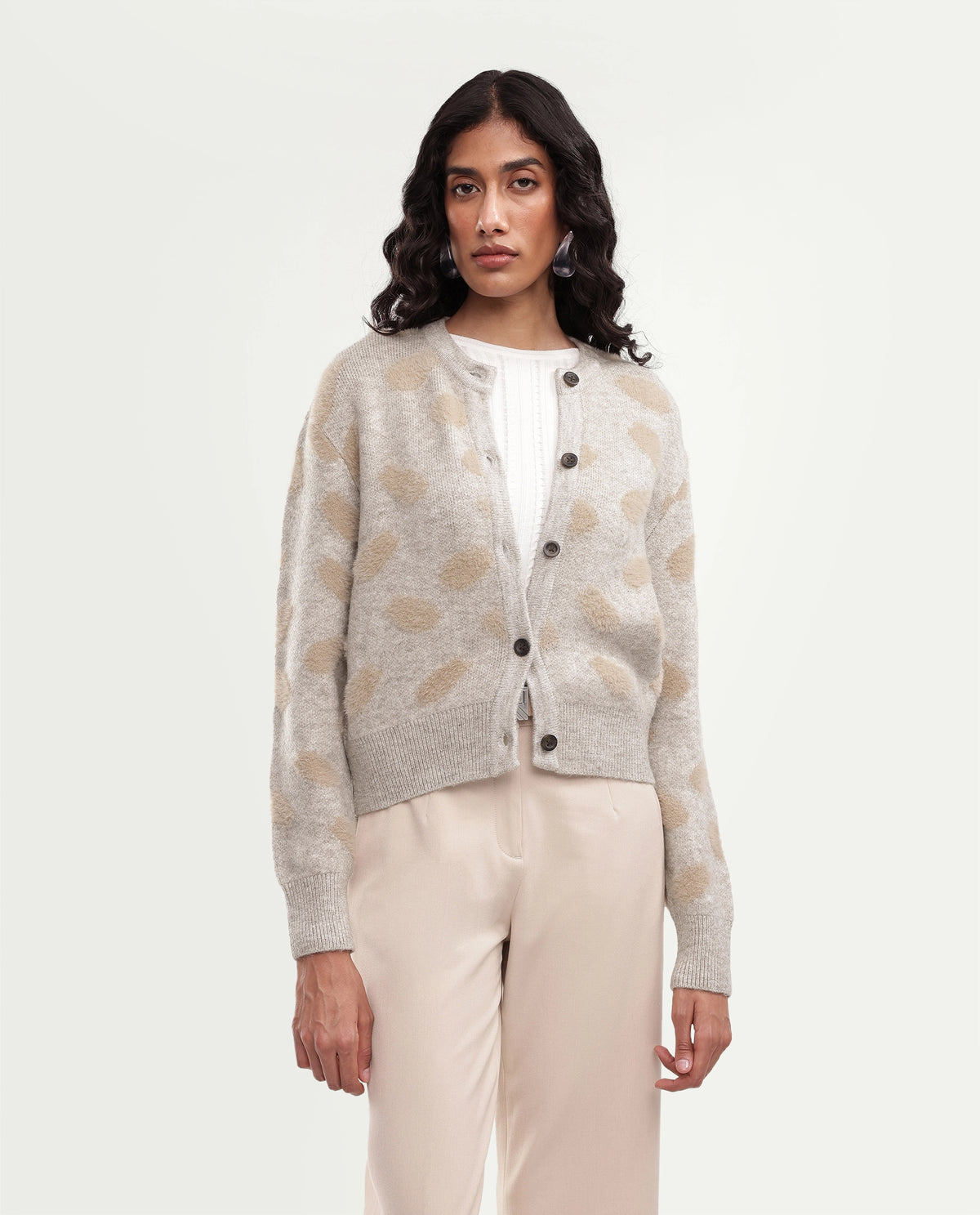 Rareism Women's Lezer Light Beige Nylon Blend Crew Neck Regular Polka Print Cardigan