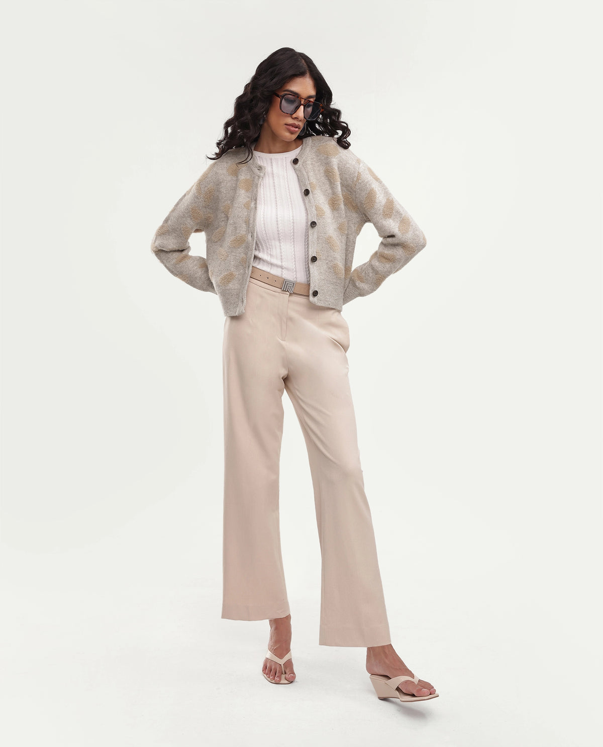 Rareism Women's Lezer Light Beige Nylon Blend Crew Neck Regular Polka Print Cardigan