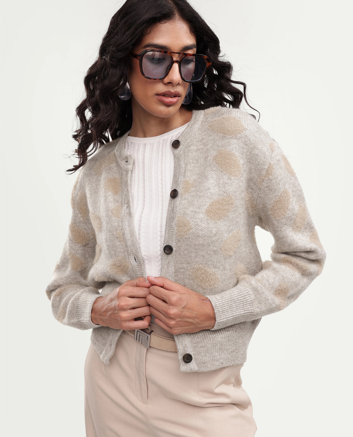 Rareism Women's Lezer Light Beige Nylon Blend Crew Neck Regular Polka Print Cardigan