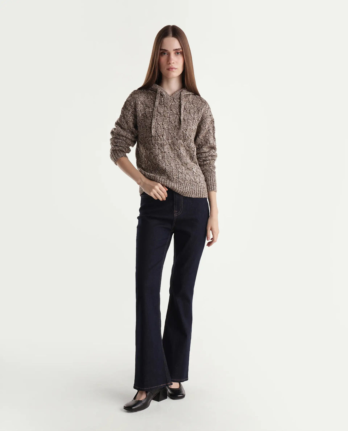 Rareism Women's Lisha Dark Brown Acrylic Blend Hooded Relaxed Plain Sweater