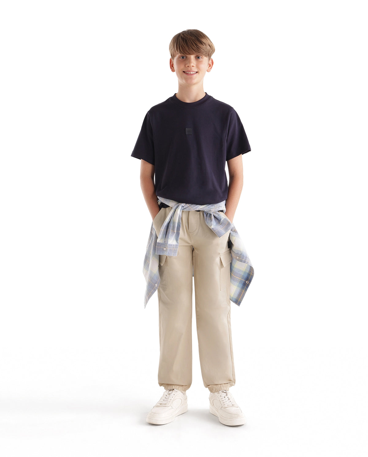 Rare Ones Kids Calix Off White Cotton Blend Fabric Drawstring Closure Cargo Fit Plain Trouser