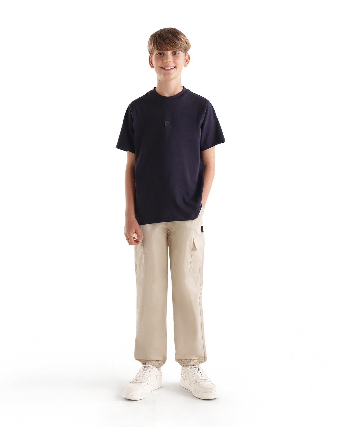 Rare Ones Kids Calix Off White Cotton Blend Fabric Drawstring Closure Cargo Fit Plain Trouser