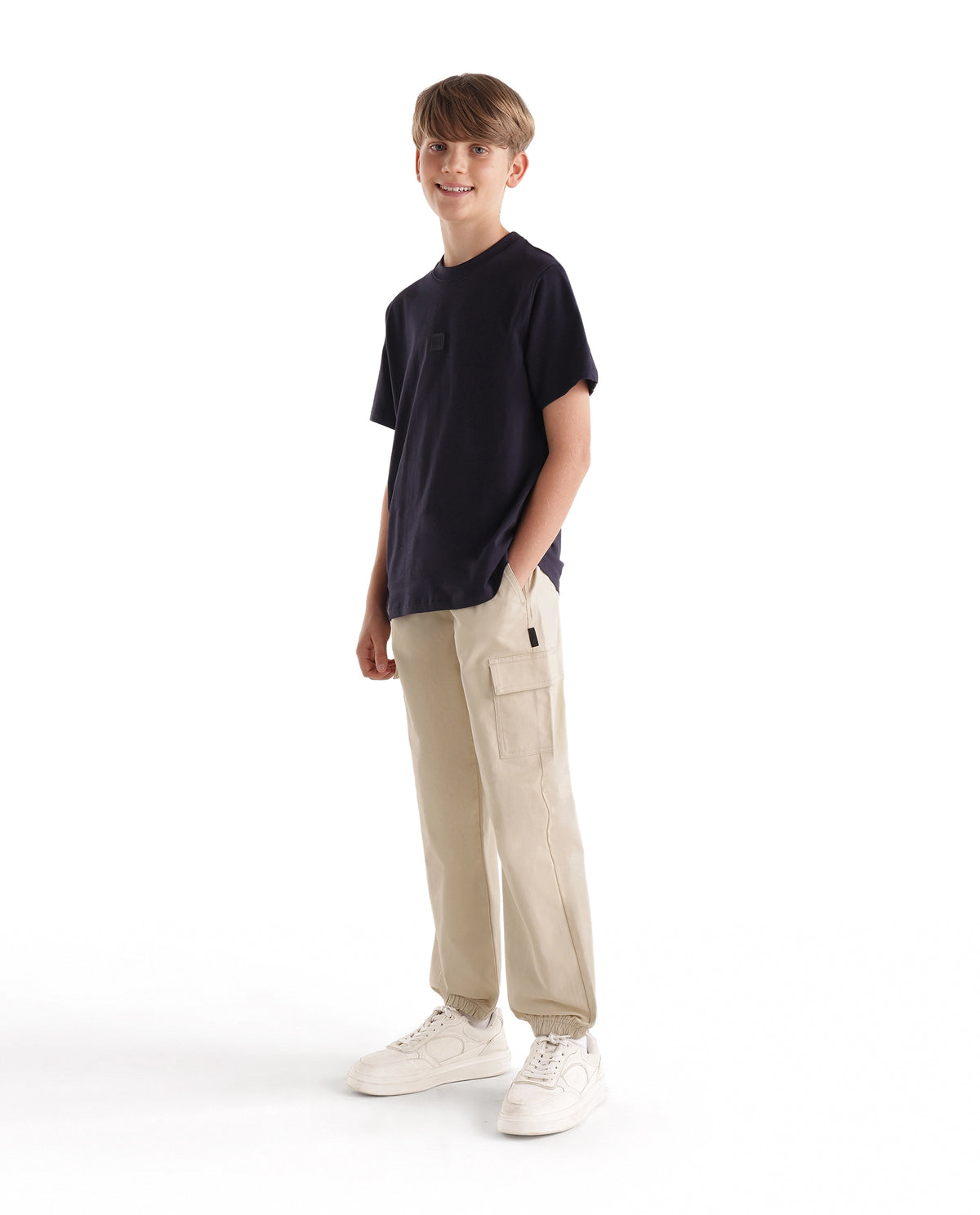 Rare Ones Kids Calix Off White Cotton Blend Fabric Drawstring Closure Cargo Fit Plain Trouser