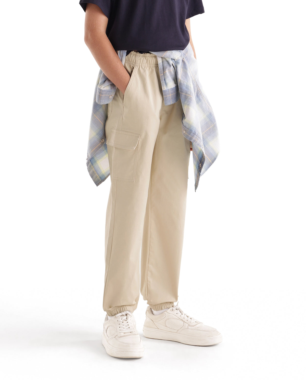 Rare Ones Kids Calix Off White Cotton Blend Fabric Drawstring Closure Cargo Fit Plain Trouser