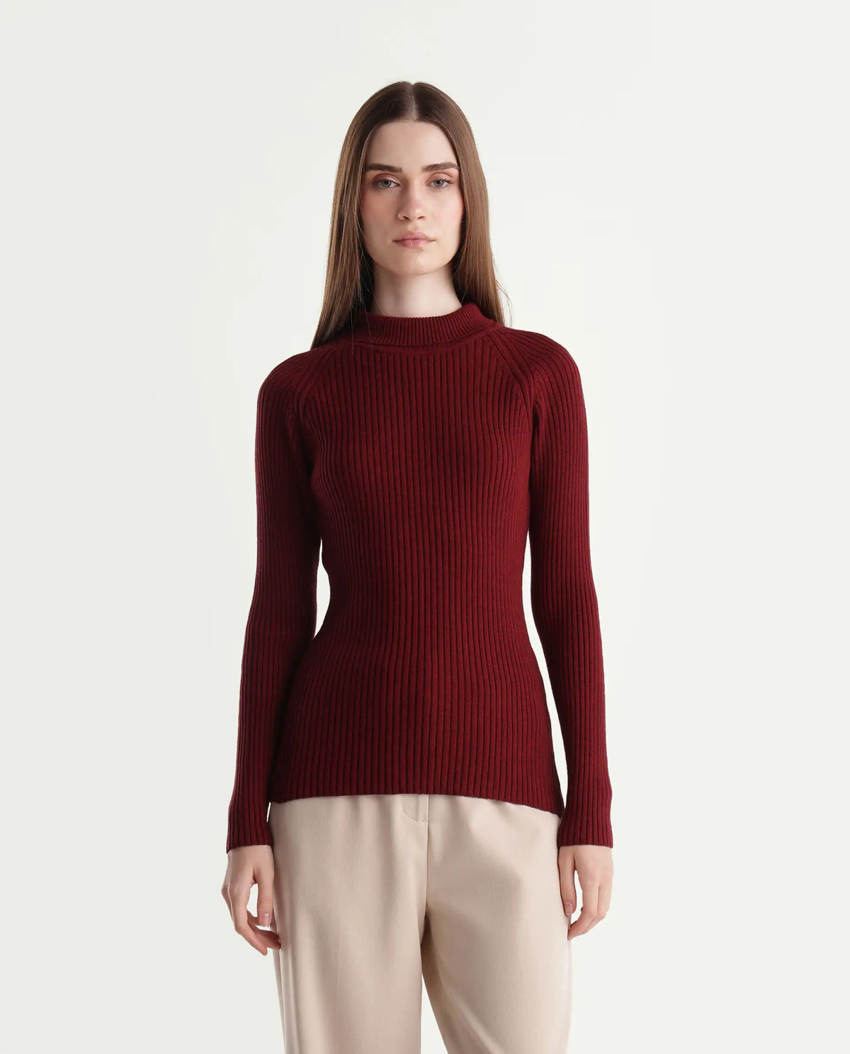 Rareism Women's Lonte Dark Red Viscose Blend Pull-On Slim Fit Sweater