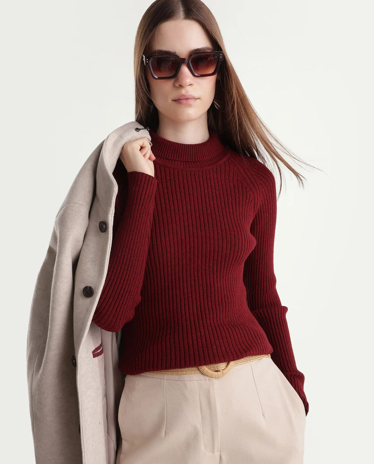 Rareism Women's Lonte Dark Red Viscose Blend Pull-On Slim Fit Sweater
