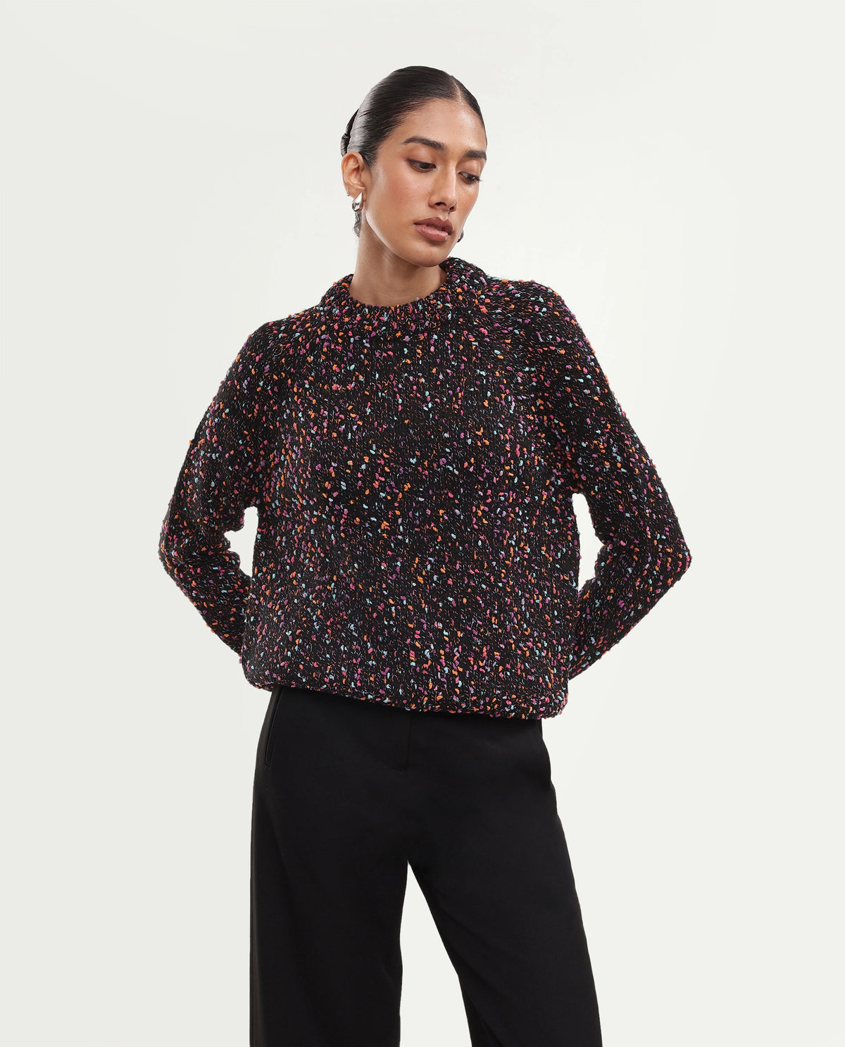Rareism Women's Jive Dark Multi Acrylic Blend Pull-On Relaxed Fit Sweater