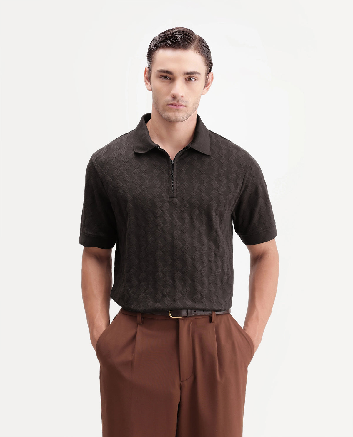 Rare Rabbit Men's Drack Dark Brown Cotton Blend Spread Collar Regular Jacquard Polo