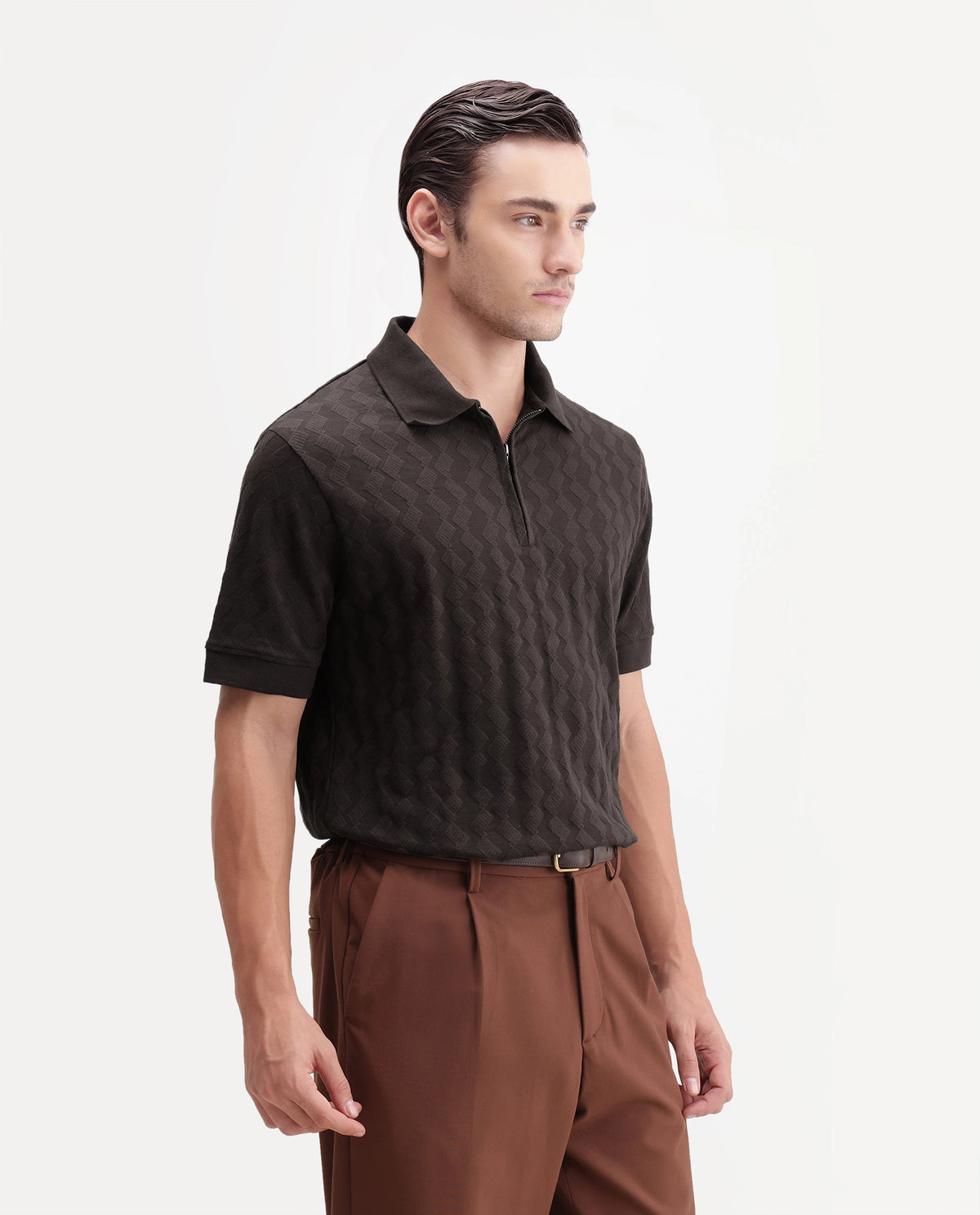 Rare Rabbit Men's Drack Dark Brown Cotton Blend Spread Collar Regular Jacquard Polo
