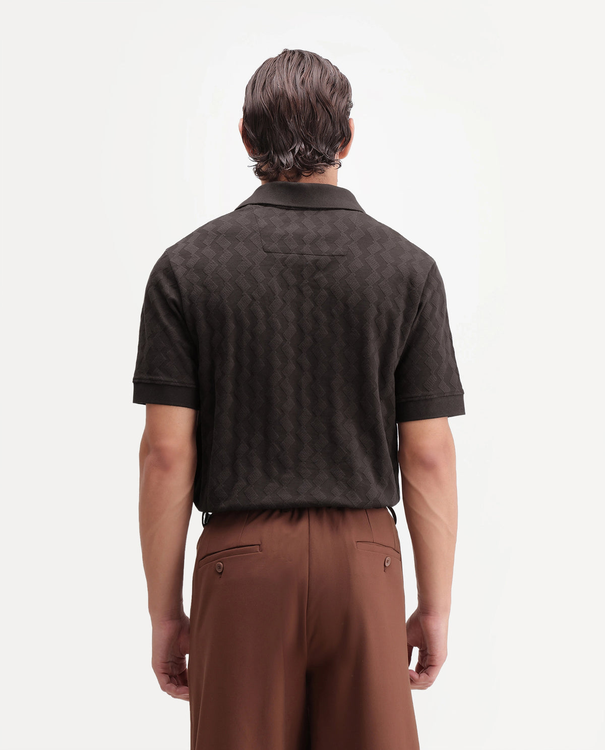 Rare Rabbit Men's Drack Dark Brown Cotton Blend Spread Collar Regular Jacquard Polo