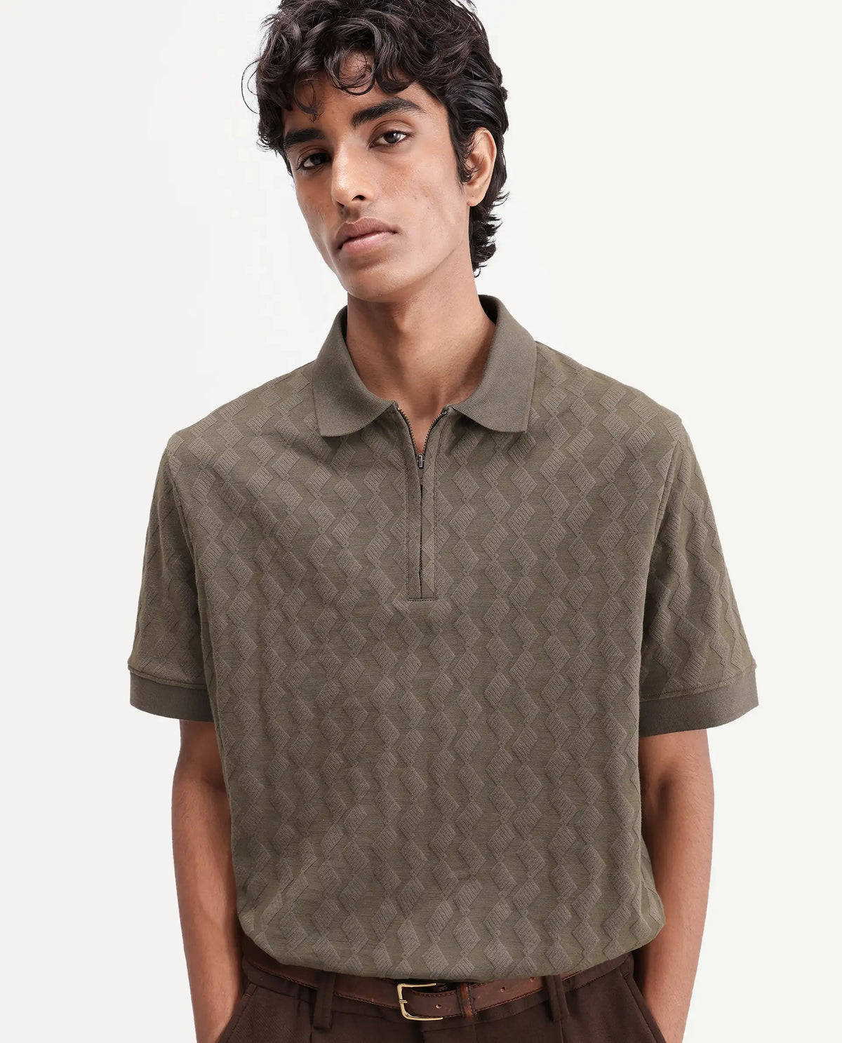 Rare Rabbit Men's Drack Dark Green Cotton Blend Spread Collar Regular Jacquard Polo