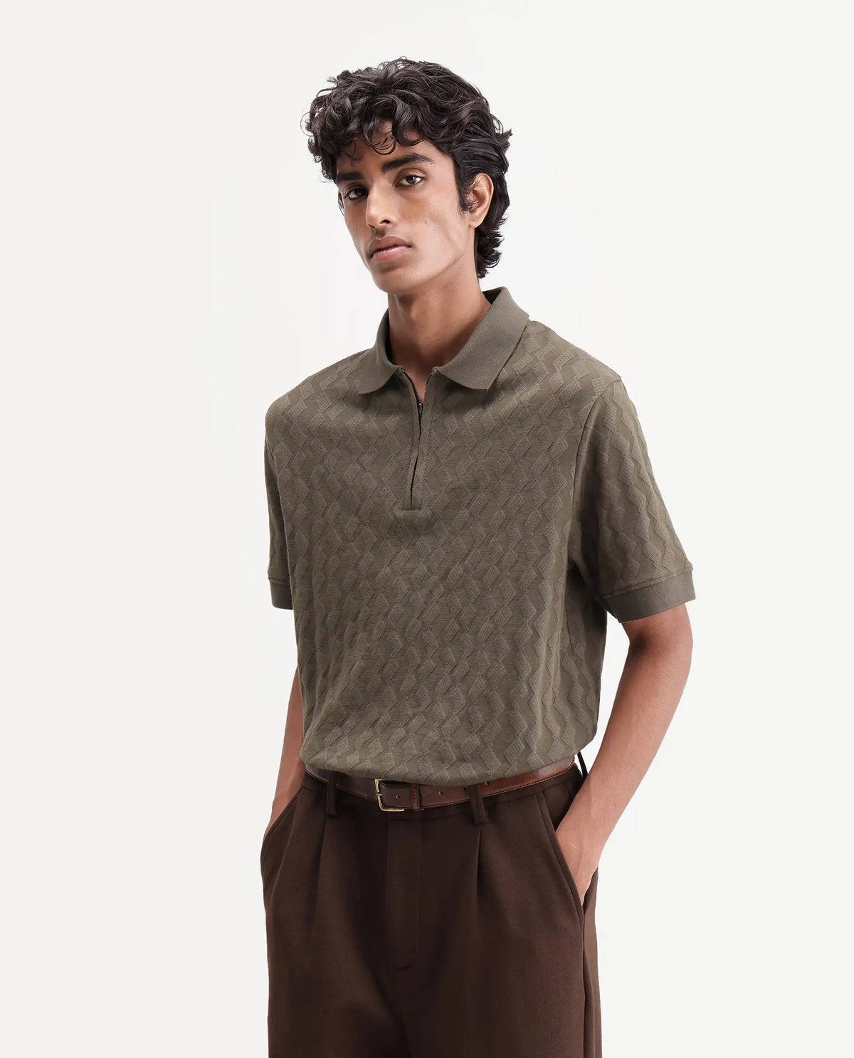 Rare Rabbit Men's Drack Dark Green Cotton Blend Spread Collar Regular Jacquard Polo