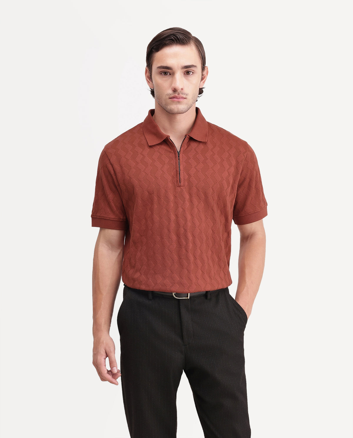 Rare Rabbit Men's Drack Rust Cotton Blend Spread Collar Regular Jacquard Polo