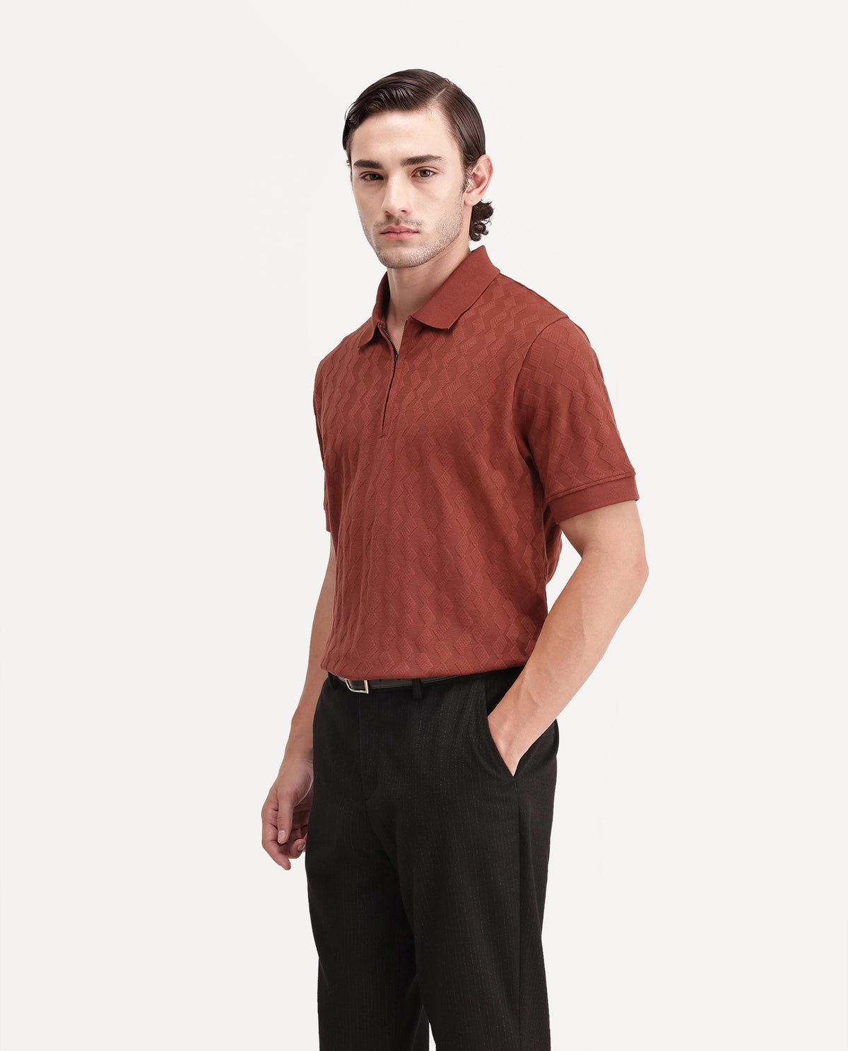 Rare Rabbit Men's Drack Rust Cotton Blend Spread Collar Regular Jacquard Polo