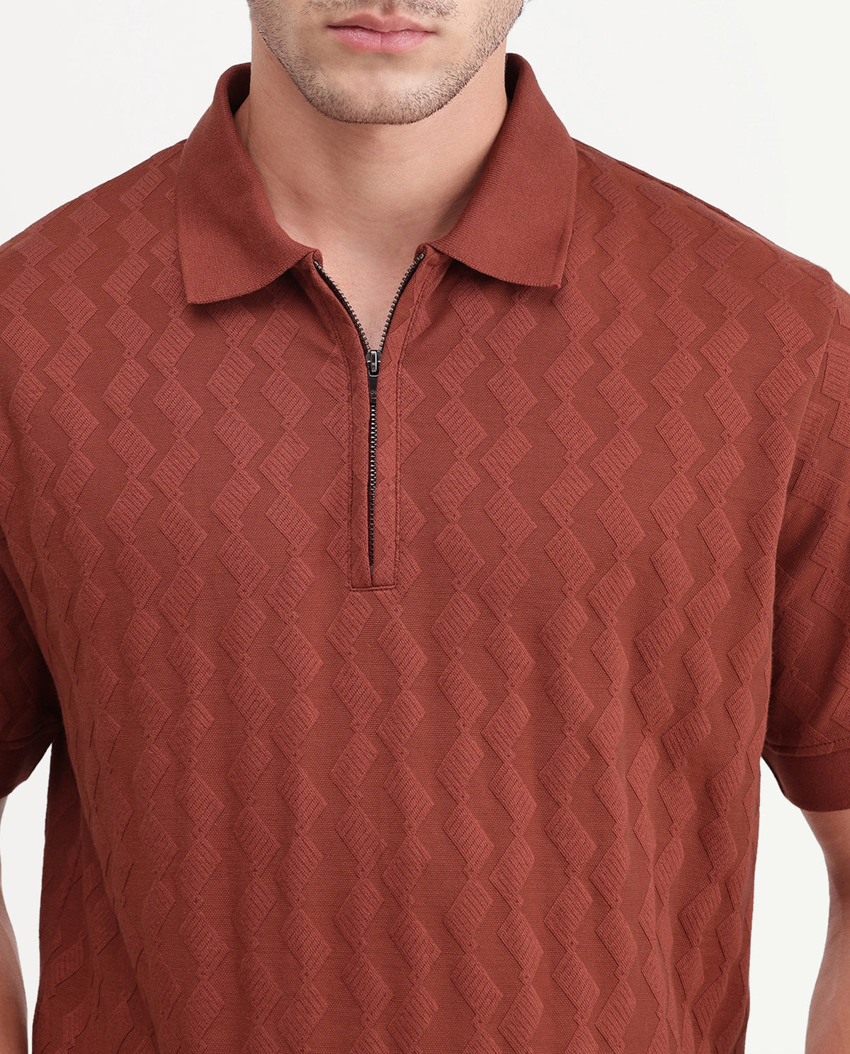Rare Rabbit Men's Drack Rust Cotton Blend Spread Collar Regular Jacquard Polo