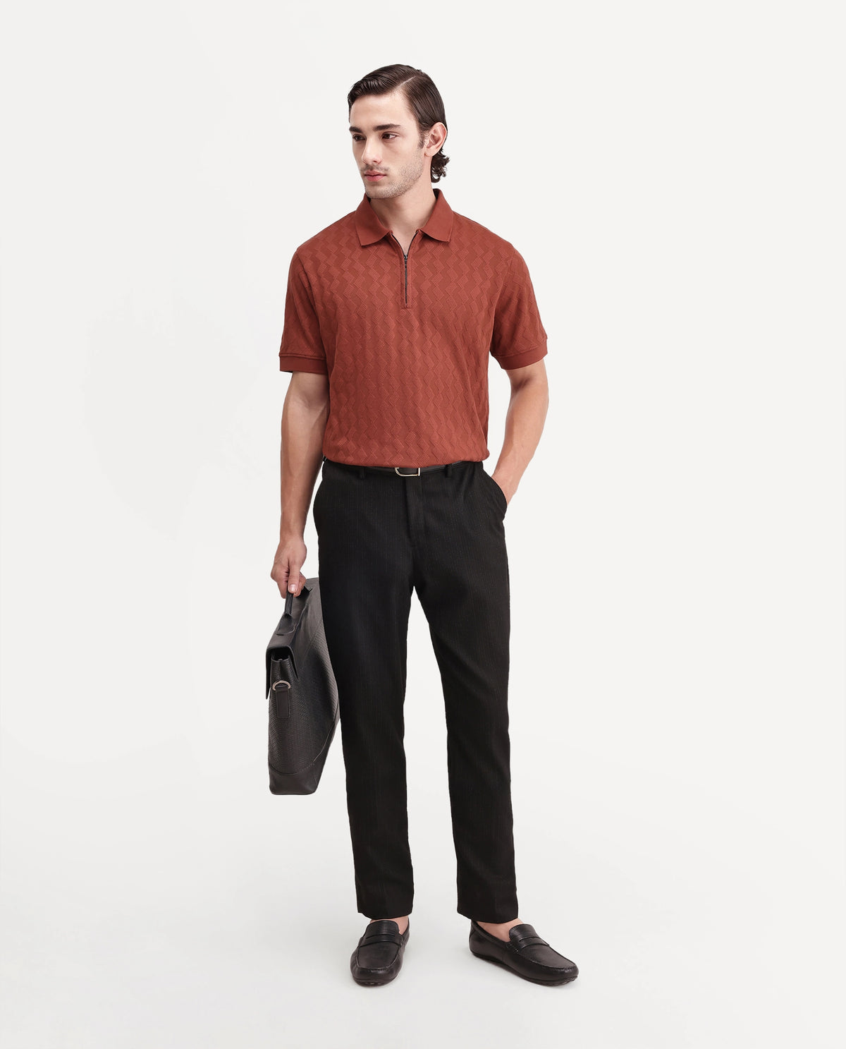 Rare Rabbit Men's Drack Rust Cotton Blend Spread Collar Regular Jacquard Polo