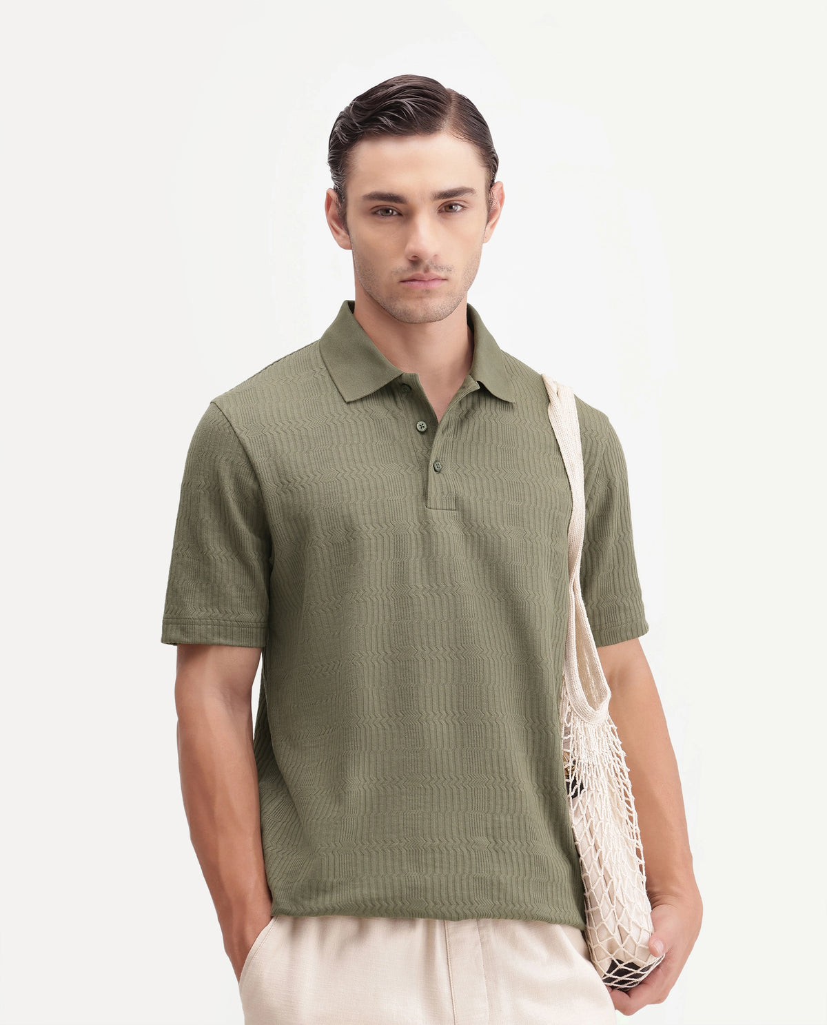 Rare Rabbit Mens Jacks Dusky Green Cotton Blend Spread Collar Button Regular Jacquard Polo
