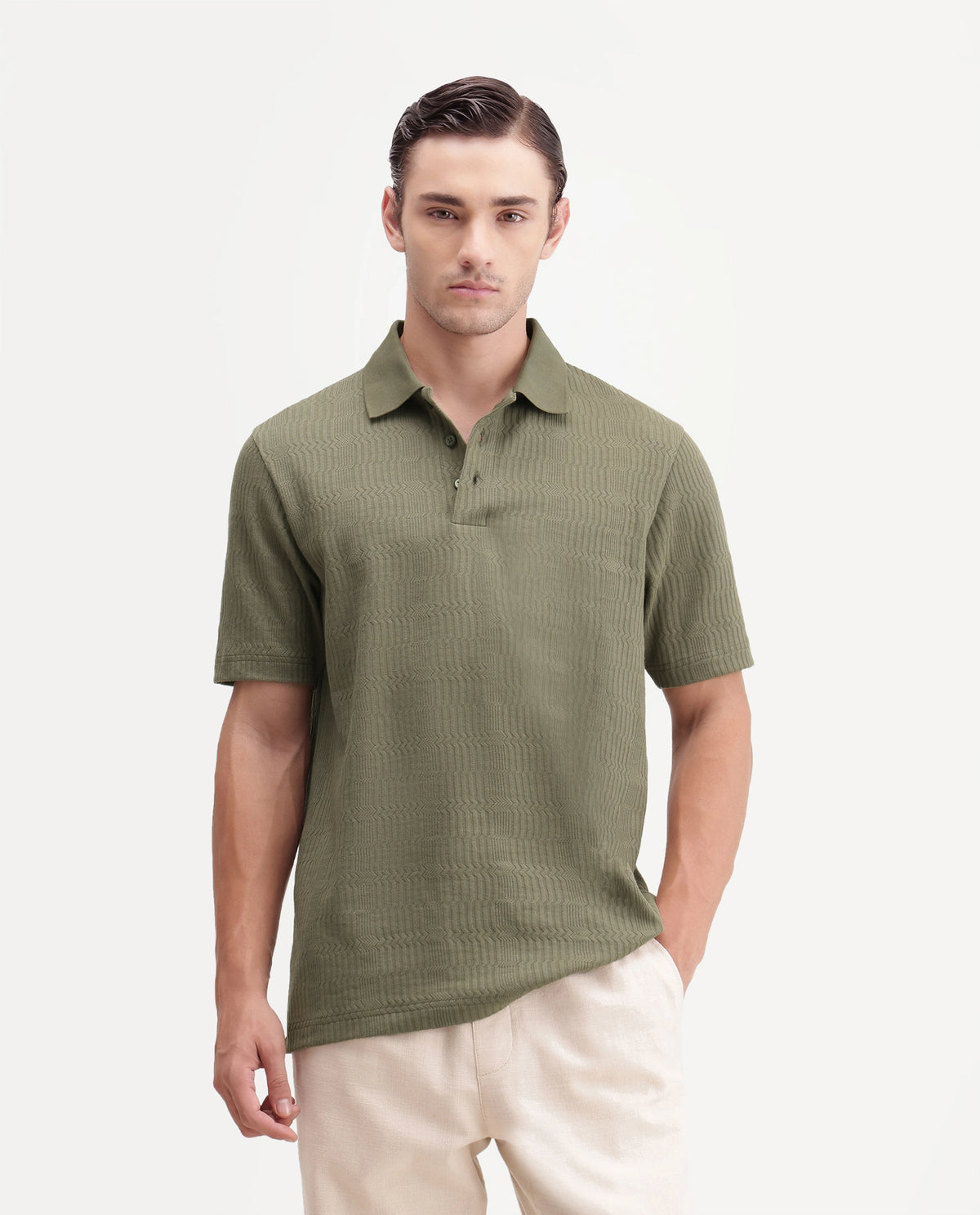 Rare Rabbit Mens Jacks Dusky Green Cotton Blend Spread Collar Button Regular Jacquard Polo