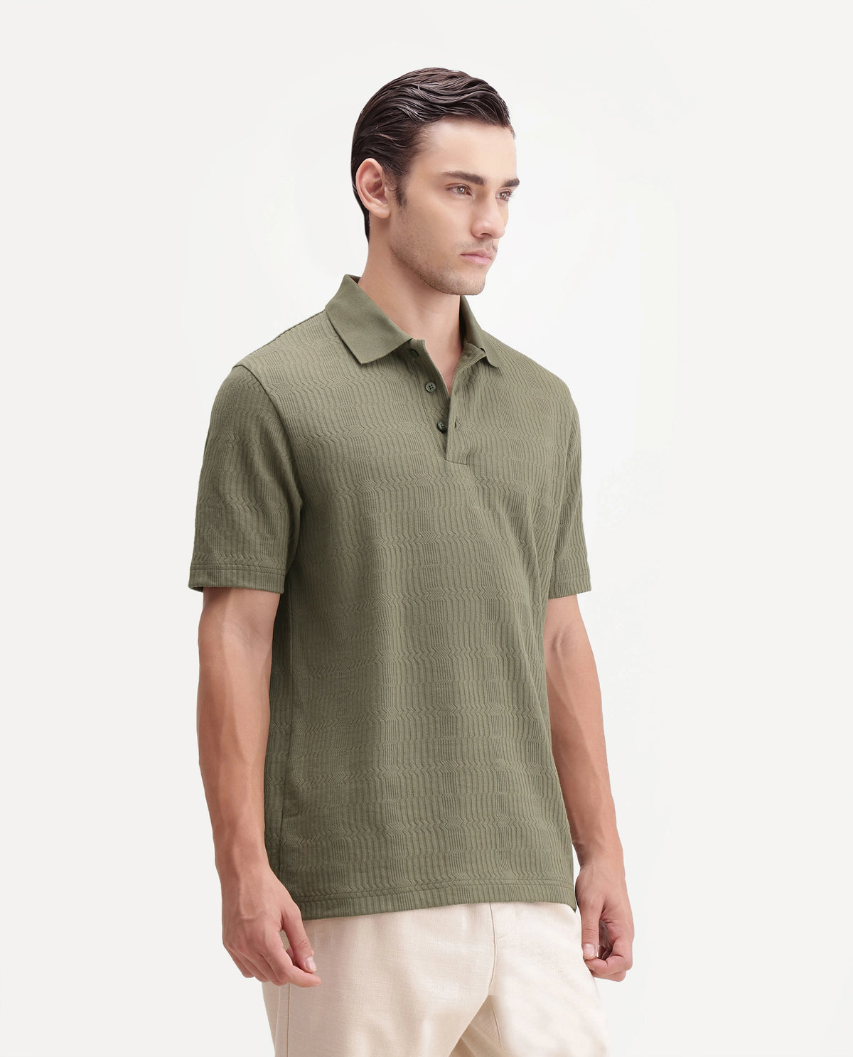 Rare Rabbit Mens Jacks Dusky Green Cotton Blend Spread Collar Button Regular Jacquard Polo