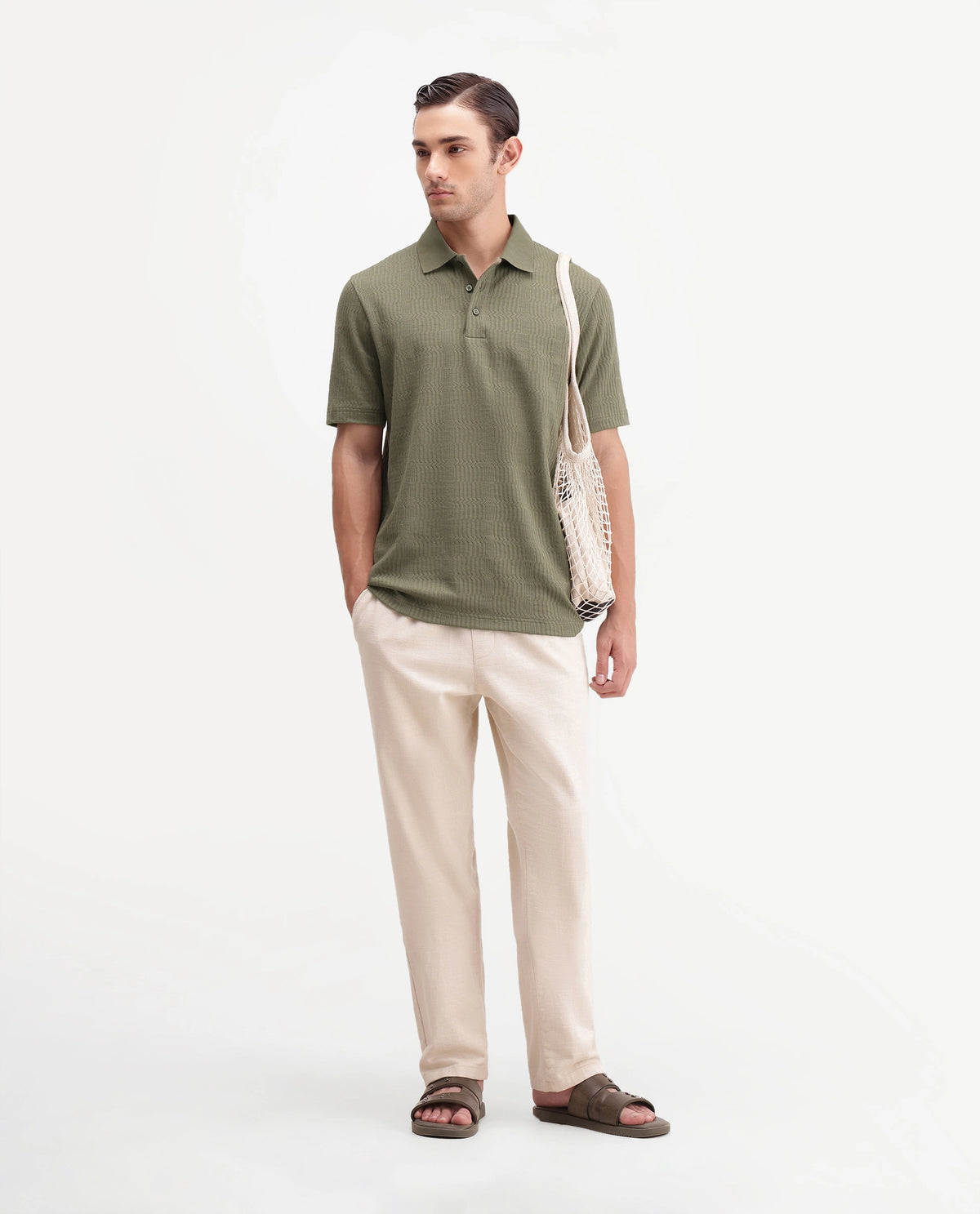 Rare Rabbit Mens Jacks Dusky Green Cotton Blend Spread Collar Button Regular Jacquard Polo