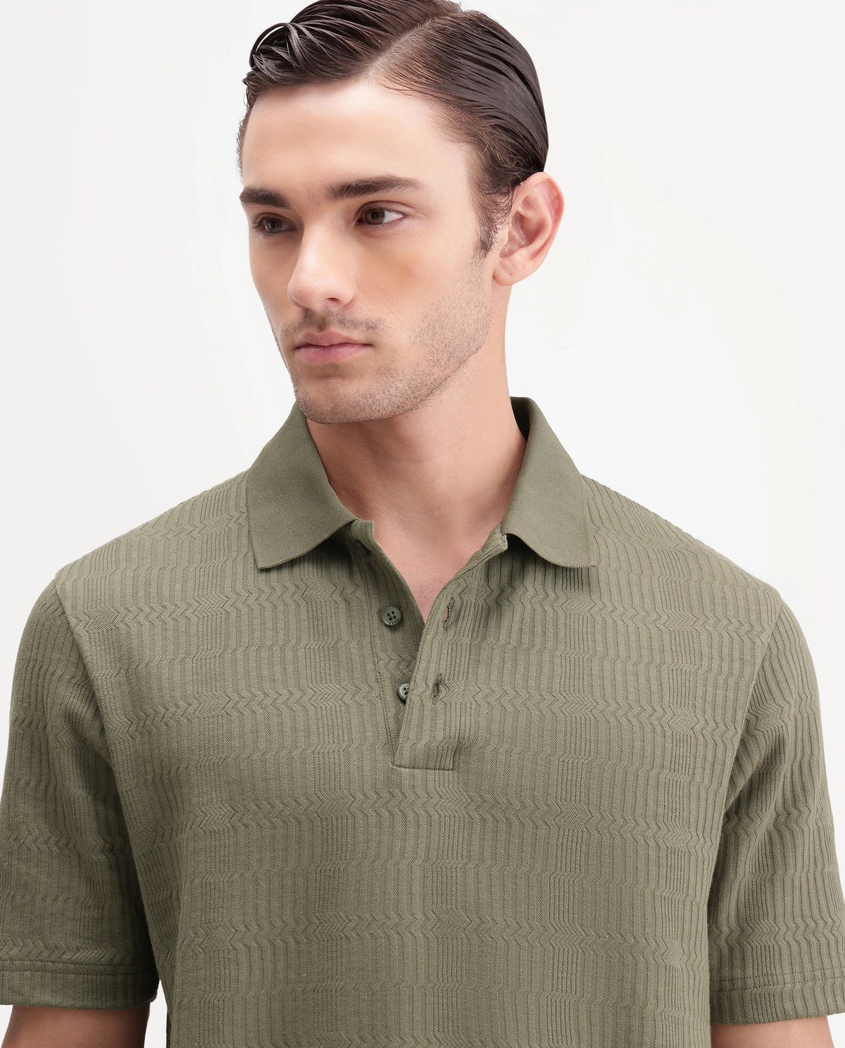 Rare Rabbit Mens Jacks Dusky Green Cotton Blend Spread Collar Button Regular Jacquard Polo